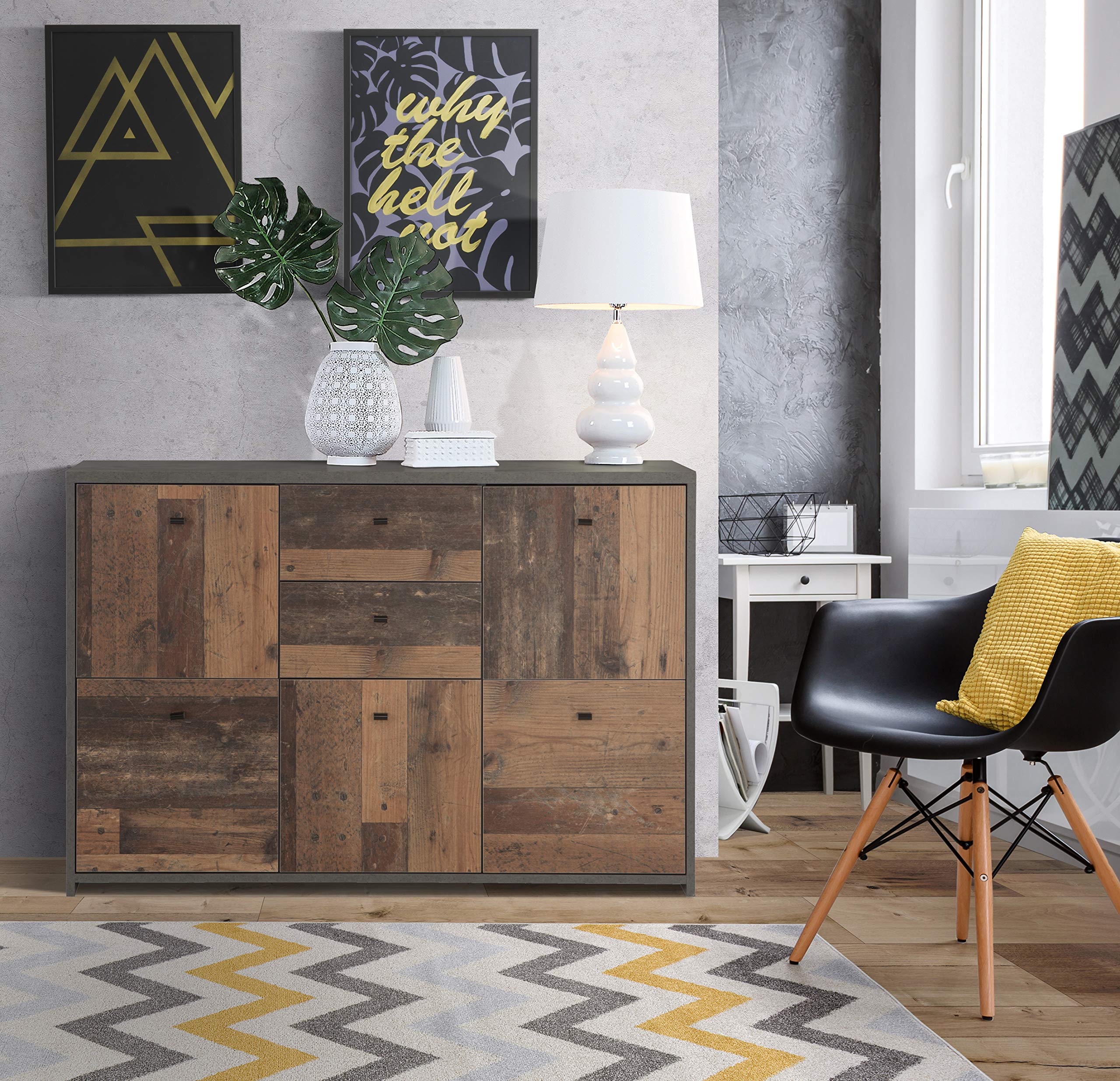 FORTE Best Chest Kommode mit 5 Türen und 2 Schubladen, Holzwerkstoff, Old-Wood Vintage kombiniert mit Betonoptik, 114,1 cm x 77,5 cm x 29,6 cm