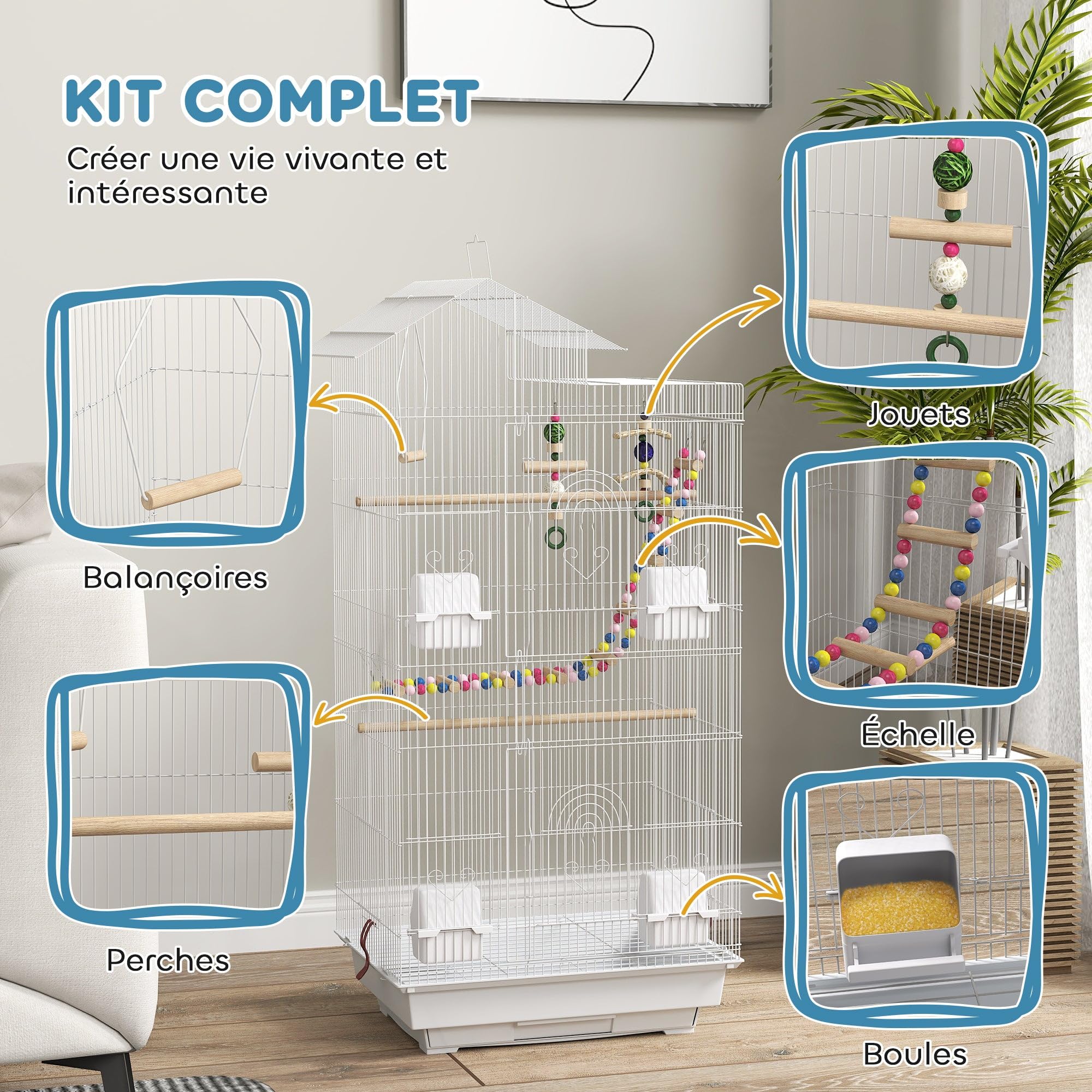 Jaula para pájaros interior práctica 46 x 36 x 100 cm Bandeja corrediza perchas estilo contemporáneo de alambre de acero blanco 21_0007578