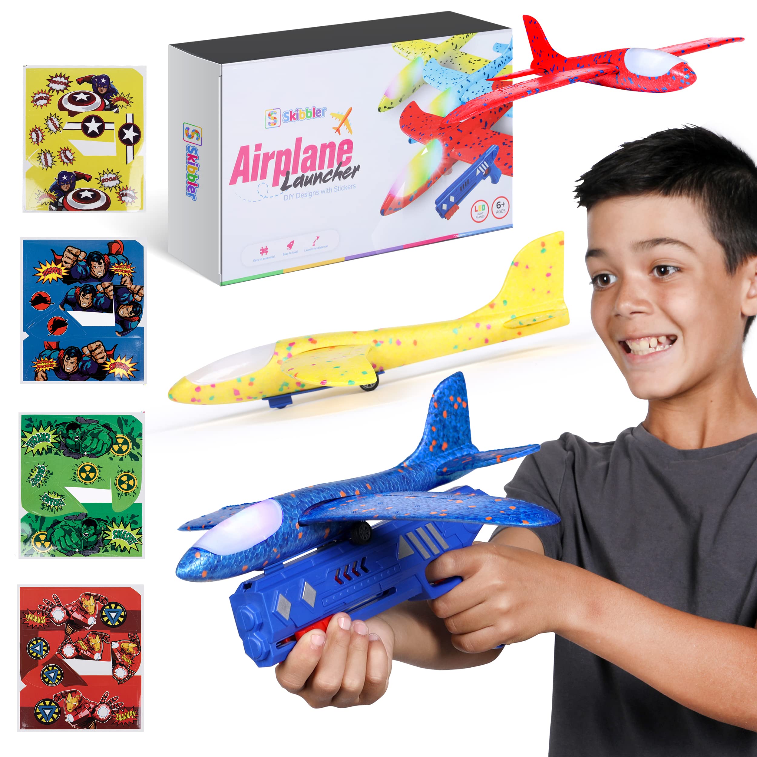 Skibbler 3 Pack Airplane Launcher Toys, 2 Flight Modes LED Foam Glider Catapult Plane Toy for Boys, Superhero Stickers, Outdoor Flying Toys Birthday Gifts for Boys Girls 4 5 6 7 8 9 10 11 12 Year Old