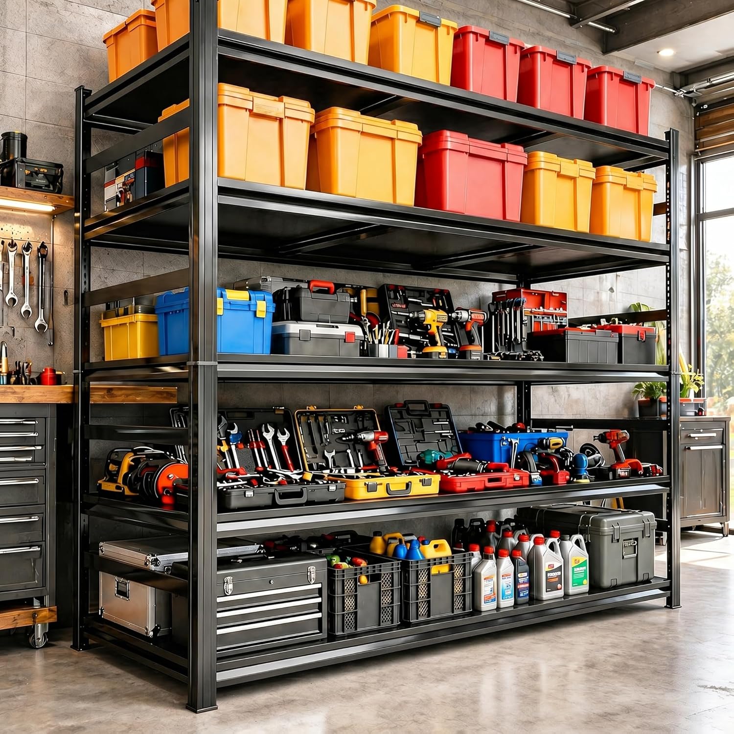 Garage Shelving, 3000 LBS Heavy Duty Metal Storage Shelves with Anti-Fall Rails, 5-Tier Adjustable Storage Rack for Garage, Warehouse, Basement, 47.2" W x 23.6" D x 73.3" H