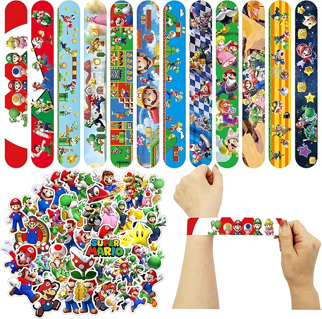 36PCS Super Bros Slap Bands with 18 Differents Colorful Patterns, 50Pcs Super Bros Stickers for Kids Girls Boys game Super Bros birthday Party Bag Fillers Gift Party Favours