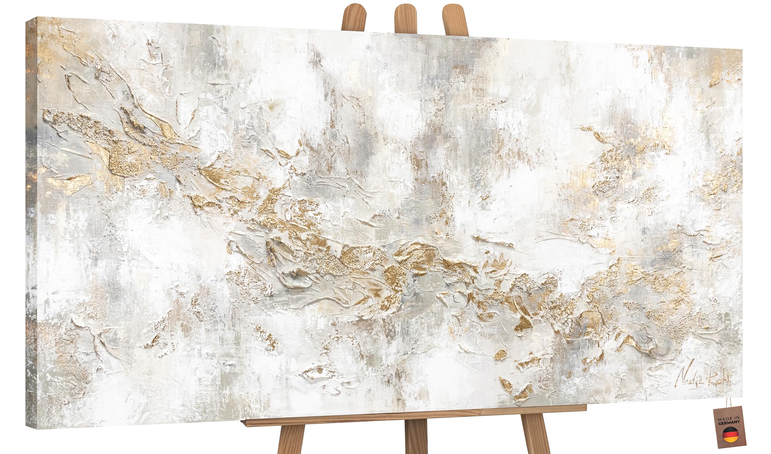 YS-Art Cuadro Pintura Abstracta Hecho a Mano en Beige con líneas Doradas Geschichte Decoración de Pared Salon Modern Arte murale 100x50 cm