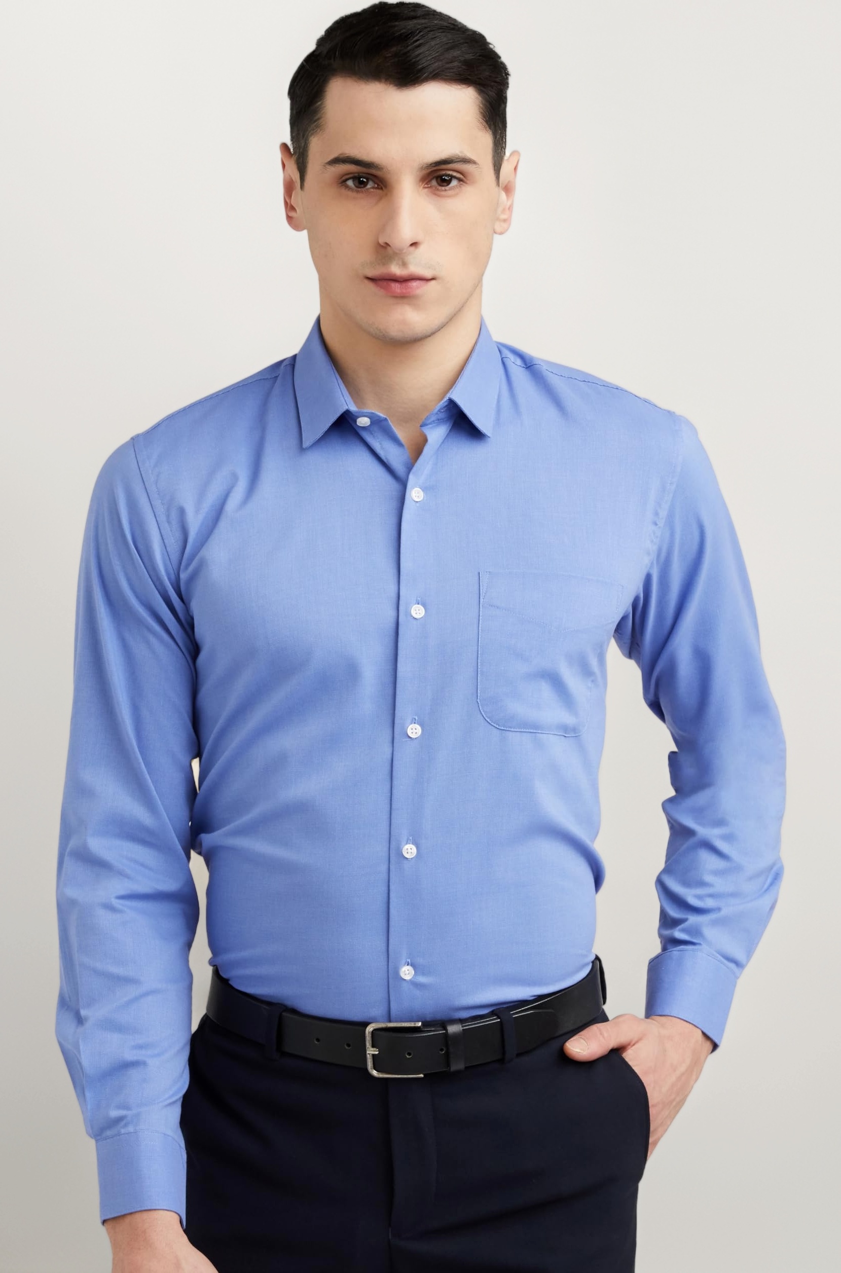 Peter England Men's Everday Regular Fit Solid Shirt | Cotton Rich | 5-Pin Pocketing
