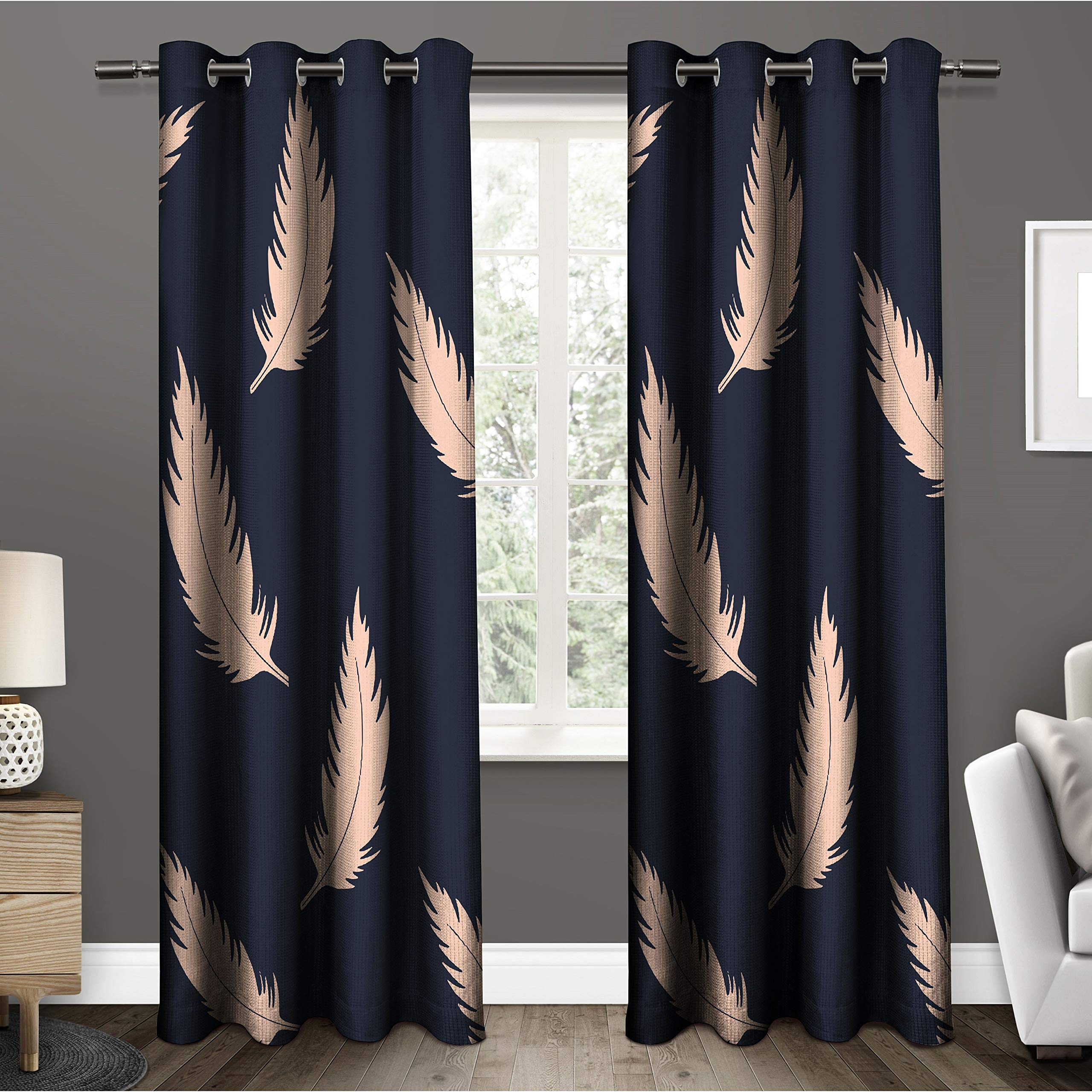 Amazures Polyester Banded 3D Feather Black Design Digital Printed Curtain (Black48 x 84 inch) - Set of 4