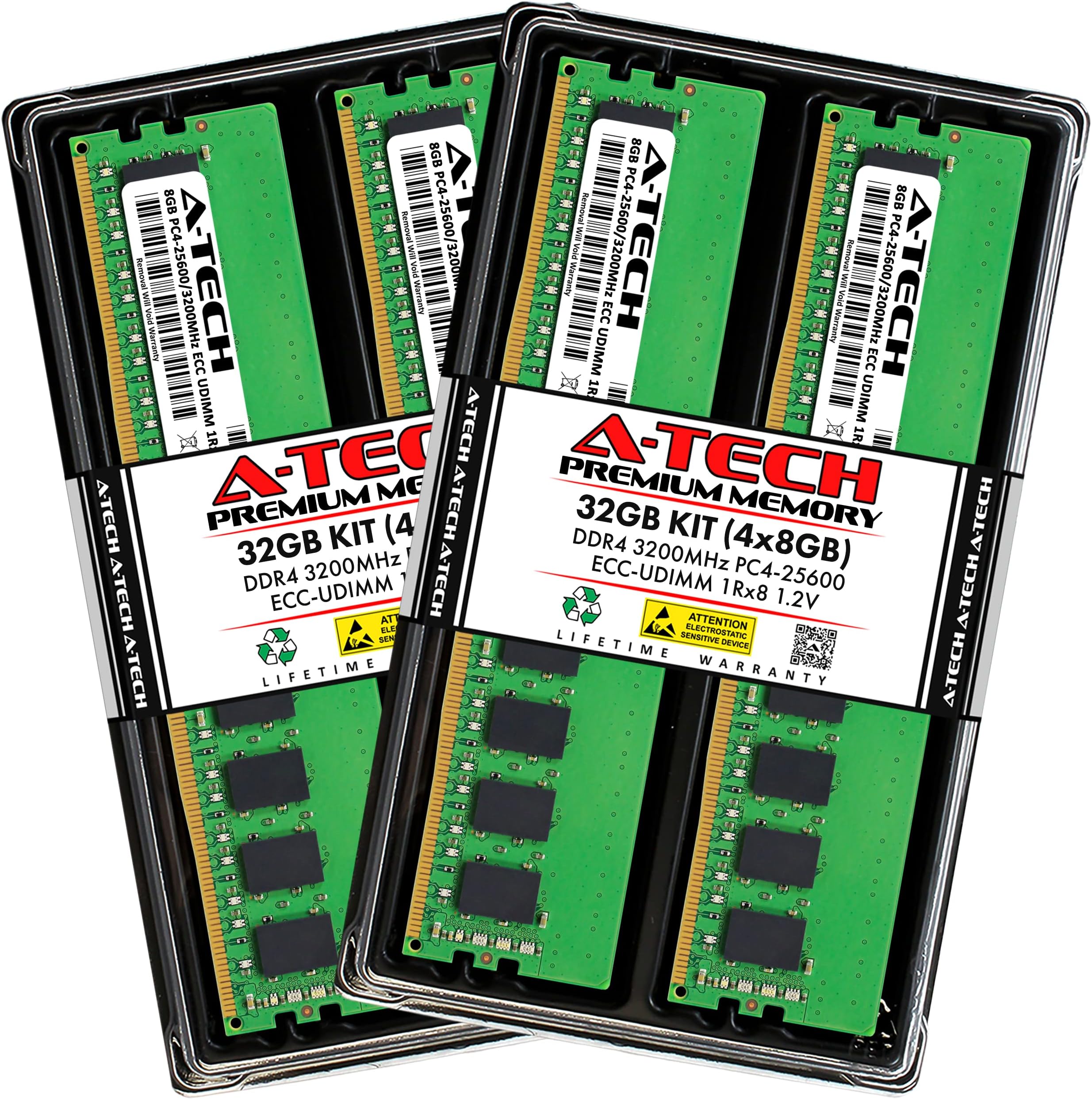 A-Tech Server 32GB Kit (4x8GB) DDR4 3200MHz PC4-25600 ECC UDIMM 1Rx8 Single Rank 1.2V ECC Unbuffered DIMM 288-Pin Server & Workstation RAM Memory Upgrade Modules (A-Tech Enterprise Series)