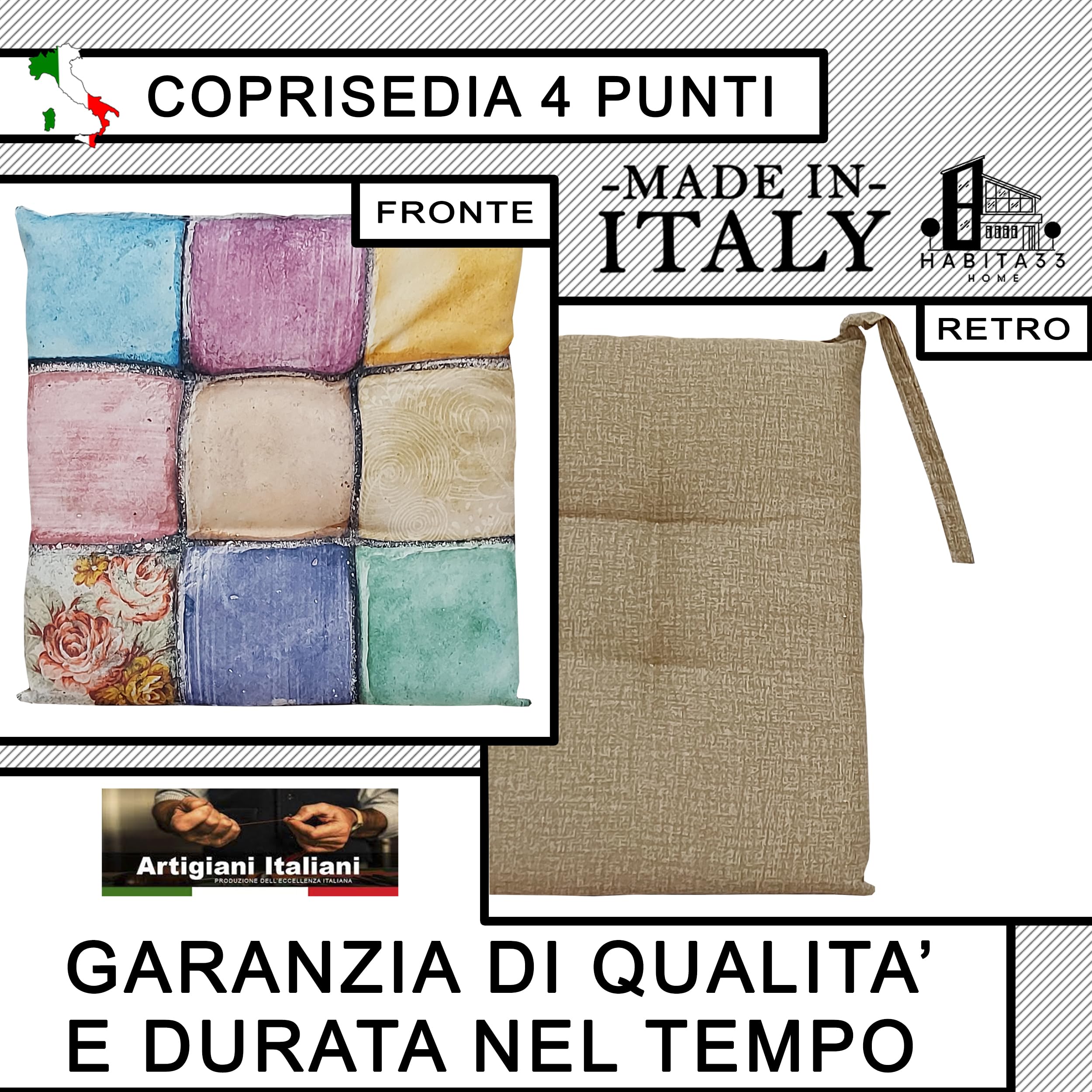HABITA 33 HOME Set di 6 Cuscini Sedie Cucina in Stampa Digitale - Cuscini per Sedie da Cucina Trapuntati al Centro con Laccetti Copri Sedia per Interno o Esterno, Made in Italy (Piastrellato)