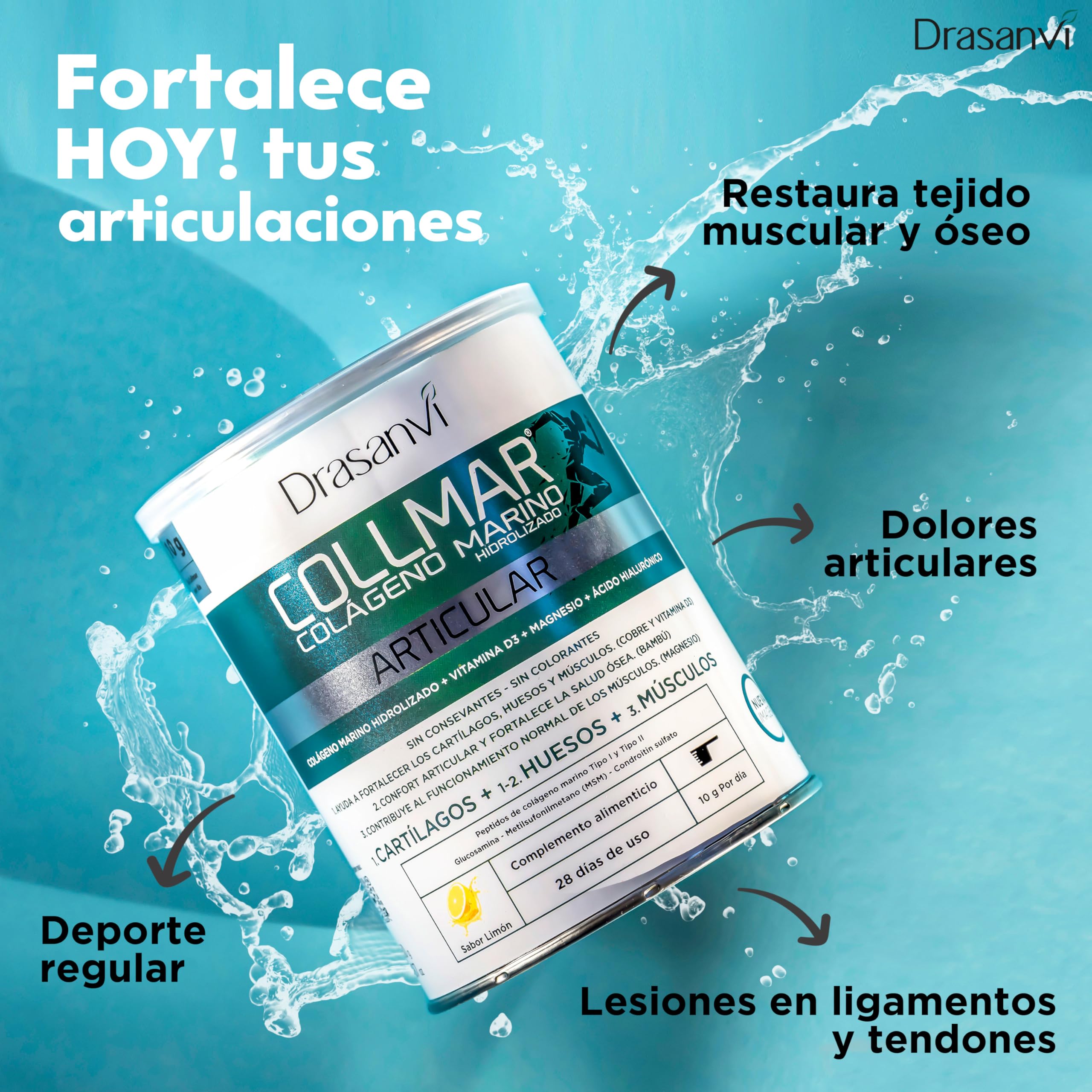 Colageno Drasanvi Collmar Articular Marino Con Glucosamina Condroitina Msm | Apoya Articulaciones Y Tendones, Formula Especial - Colageno Marino Hidrolizado Polvo Sabor Limon, Pack 2x280 Gramos