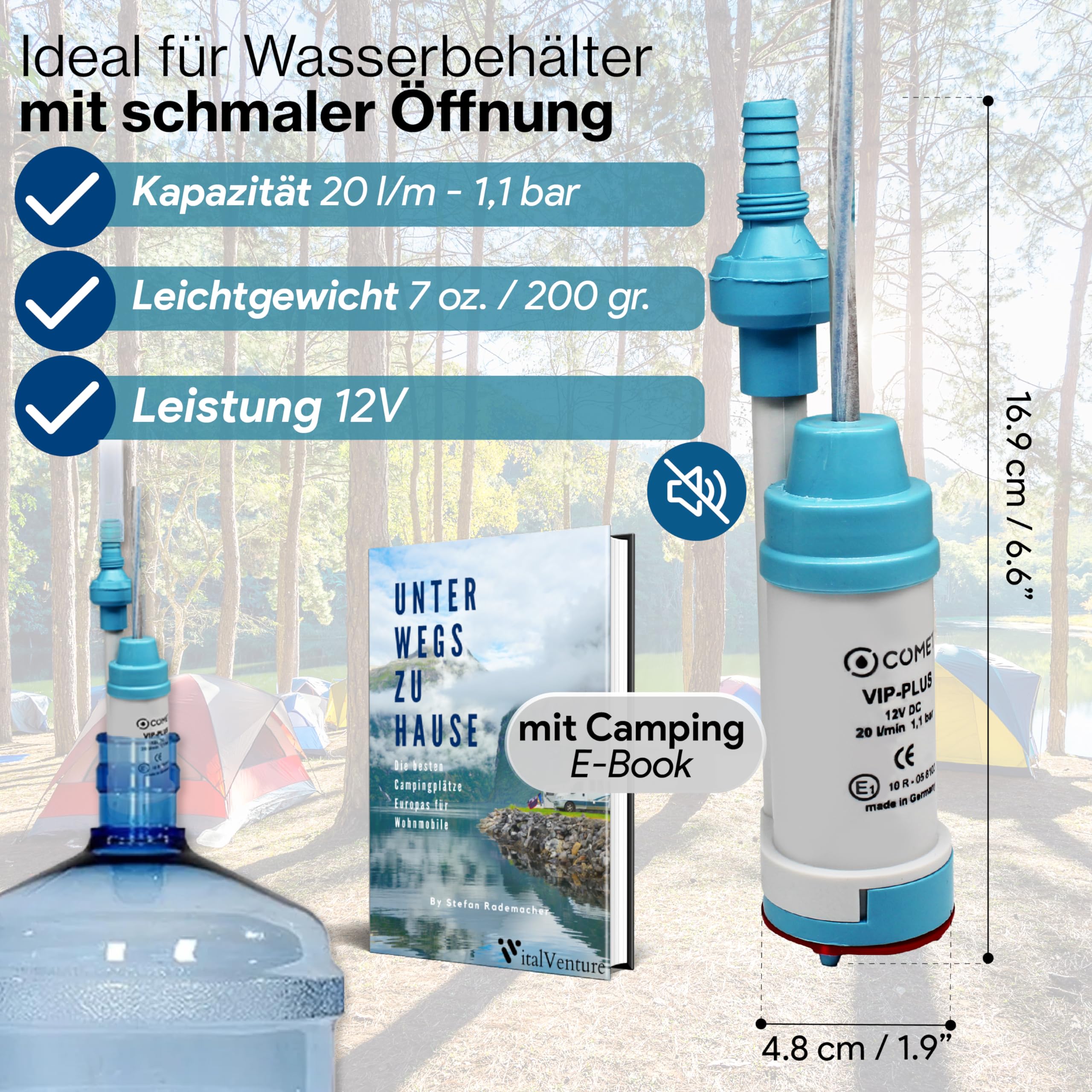 Comet VipPlus - Bomba de agua con válvula antirretorno (fija) + filtro con set de libro electrónico para camping, para autocaravanas, caravanas - bomba sumergible de 12 V