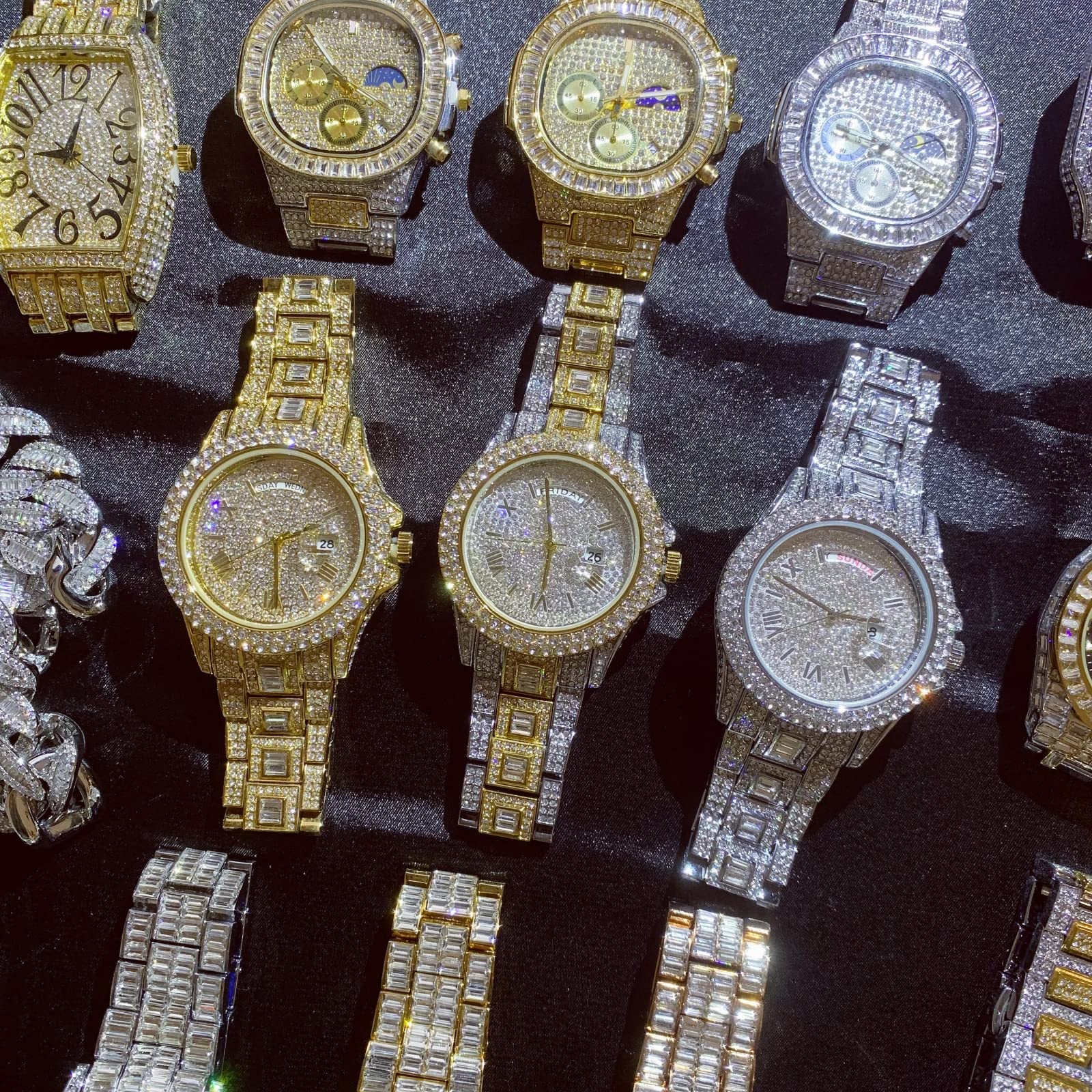 ICEDIAMOND Reloj de cuarzo con doble calendario de 43 mm, esfera redonda chapada en oro con fecha y visualización semanal, reloj de pulsera de diamantes de imitación para hombre, Mezclado, Moda