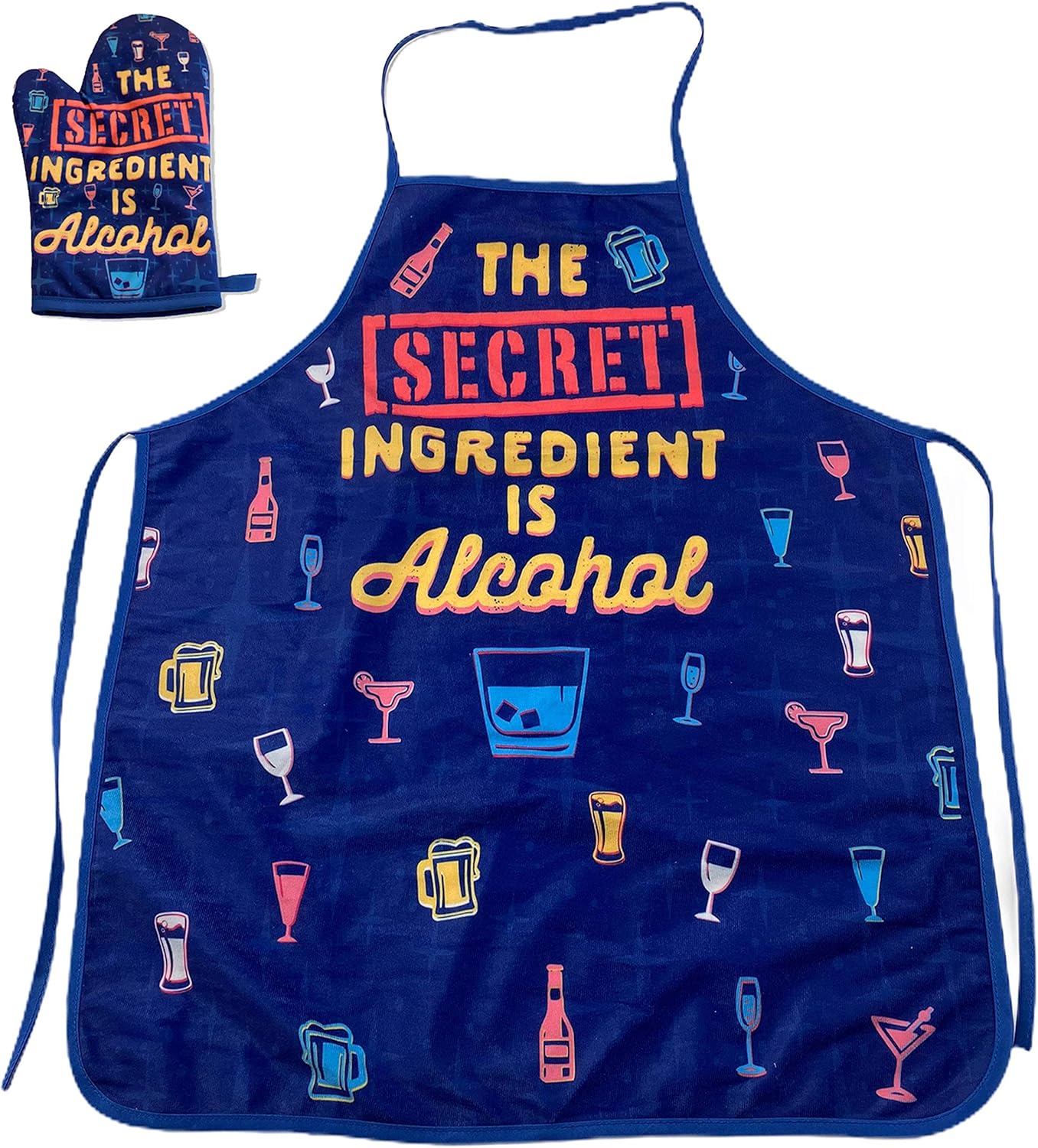 Crazy Dog T-Shirts The Secret Ingredient Is Alcohol Funny Drinking Cocktail Graphic Kitchen Accessories Funny Graphic Kitchenwear Cool Drinking Novelty Cookware Blue Oven Mitt + Apron