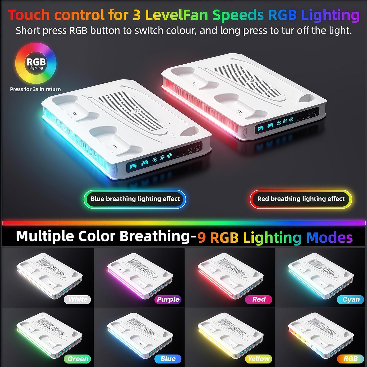 ZYTHRONE PS5/ Slim/Pro Cooling station with Fast Contoller Charger for PlayStation 5 Disc & Digital Console Stand, RGB Light, Quiet Cooling Fan, Headset Holder - Image 5