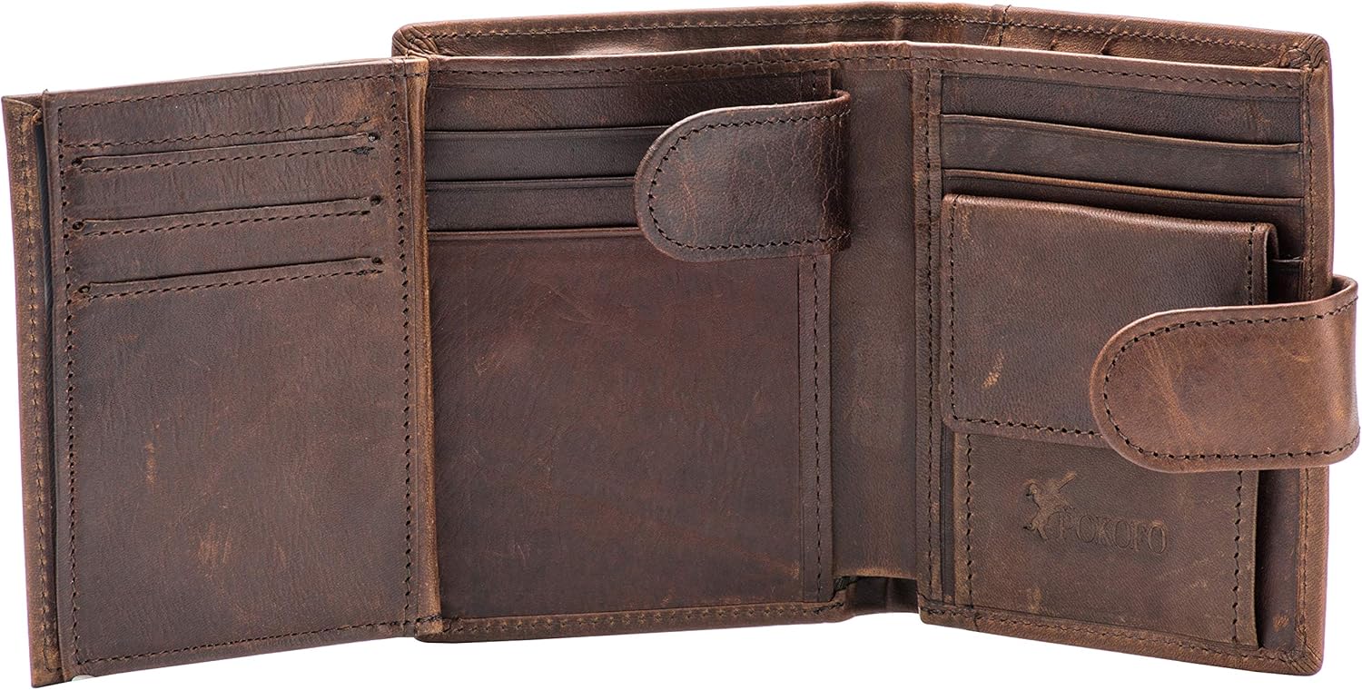 POKOFO Large RFID Genuine Leather Card Holder Trifold Wallet Snap Closure 3 ID Windows for men