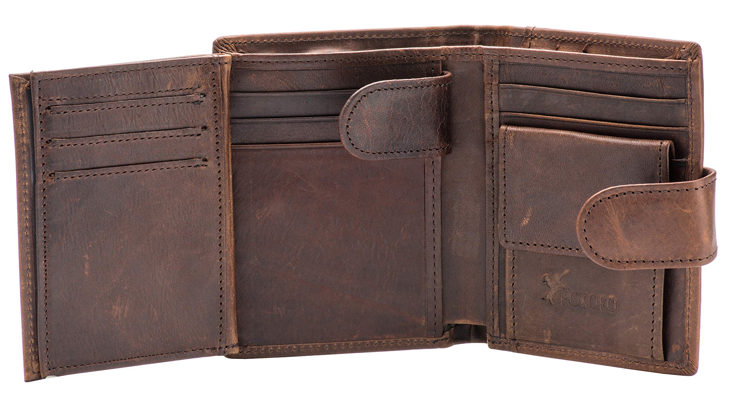POKOFO Large RFID Genuine Leather Card Holder Trifold Wallet Snap Closure 3 ID Windows for men