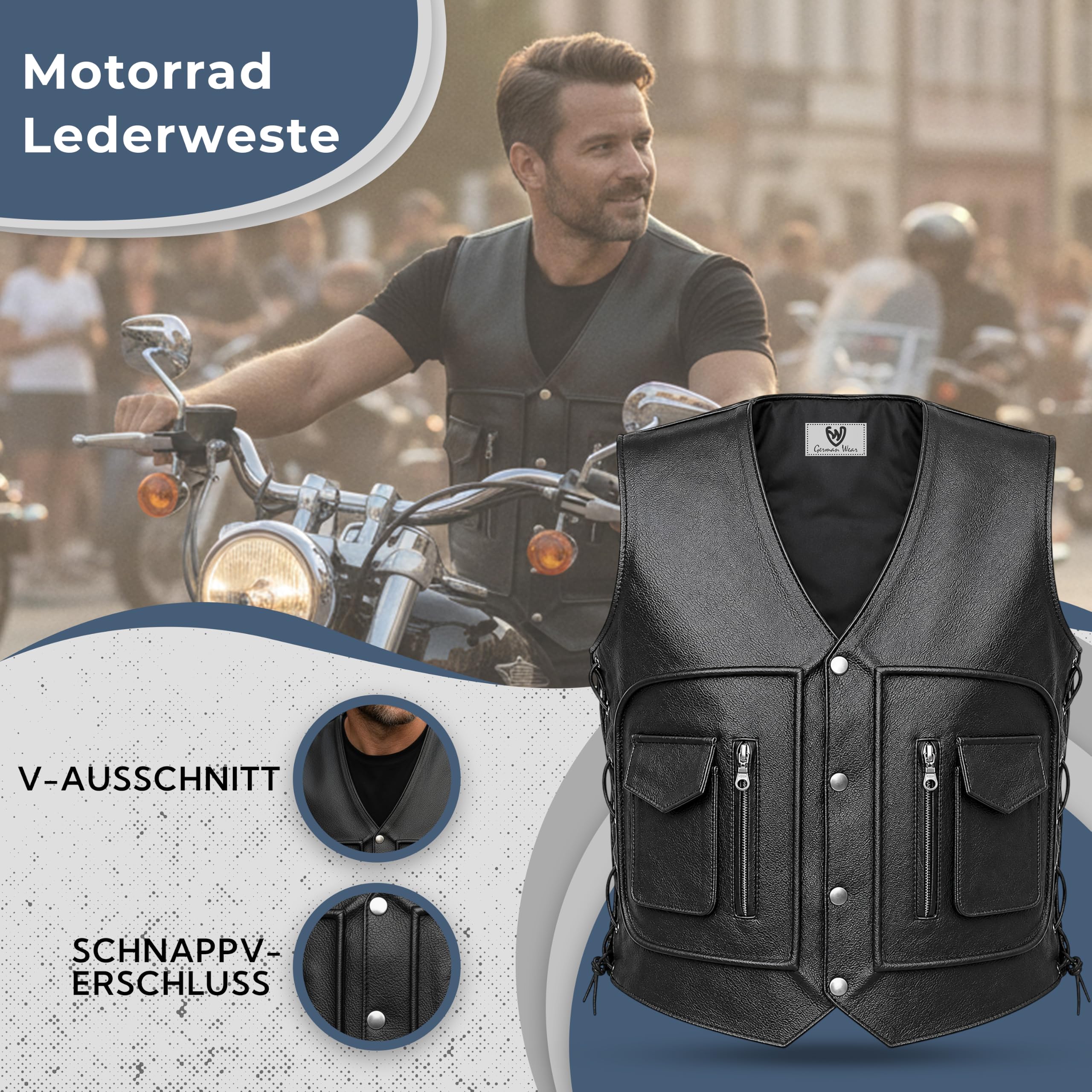 Rad Masters German Wear, Leder Motorrad Kutte Lederweste Bikerweste Motorradweste Weste Schnürung Schwarz