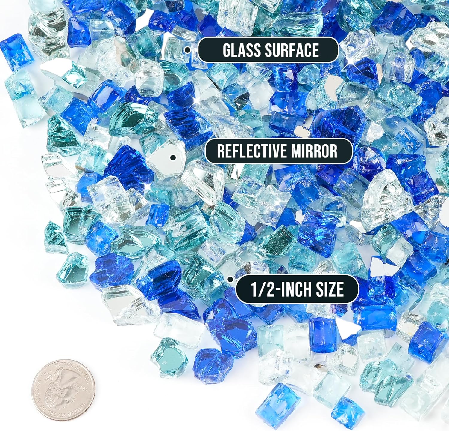 Skyflame 10-Pound Blended Fire Glass for Fire Pit Fireplace Landscaping, 1/2 inch Aqua Blue, Platinum, Cobalt Blue, Reflective