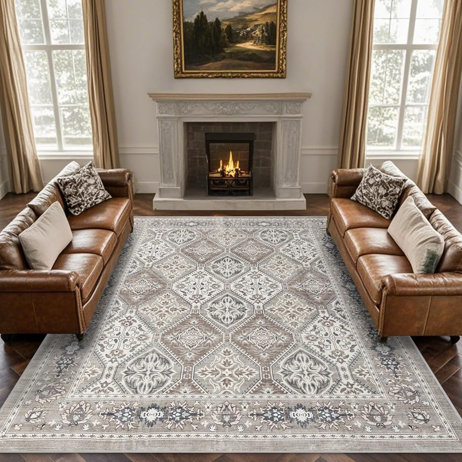 Area Rug for Living Room - 9x12 Vintage Taupe Neutral Washable Rug for Bedroom Dinning Room - Soft Low-Pile Oriental Carpet Non-Slip Tan Rugs for Office - Soft Brown Soft Brown 9' x 12' (Rectangular)