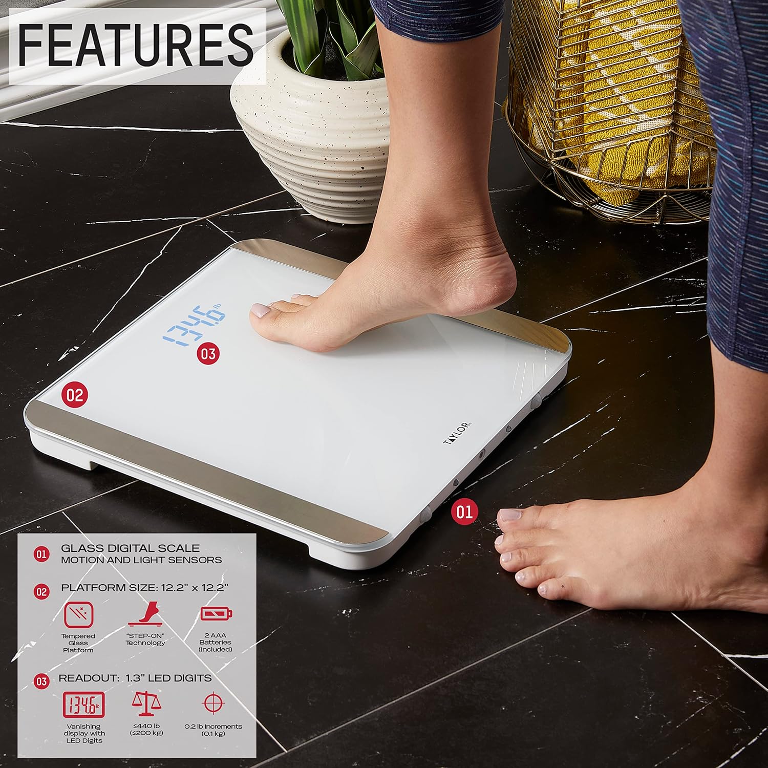 Taylor Glass Digital Bathroom Scale for Body Weight with Motion and Light Sensors, Bright LED Display, 440 lbs, White