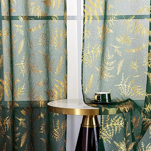 Miniatura 3 de Deeprove Juego de 2 paneles de cortinas traslúcidas de 63 pulgadas de largo, papel de aluminio dorado metálico hawaiano estampado de hojas para