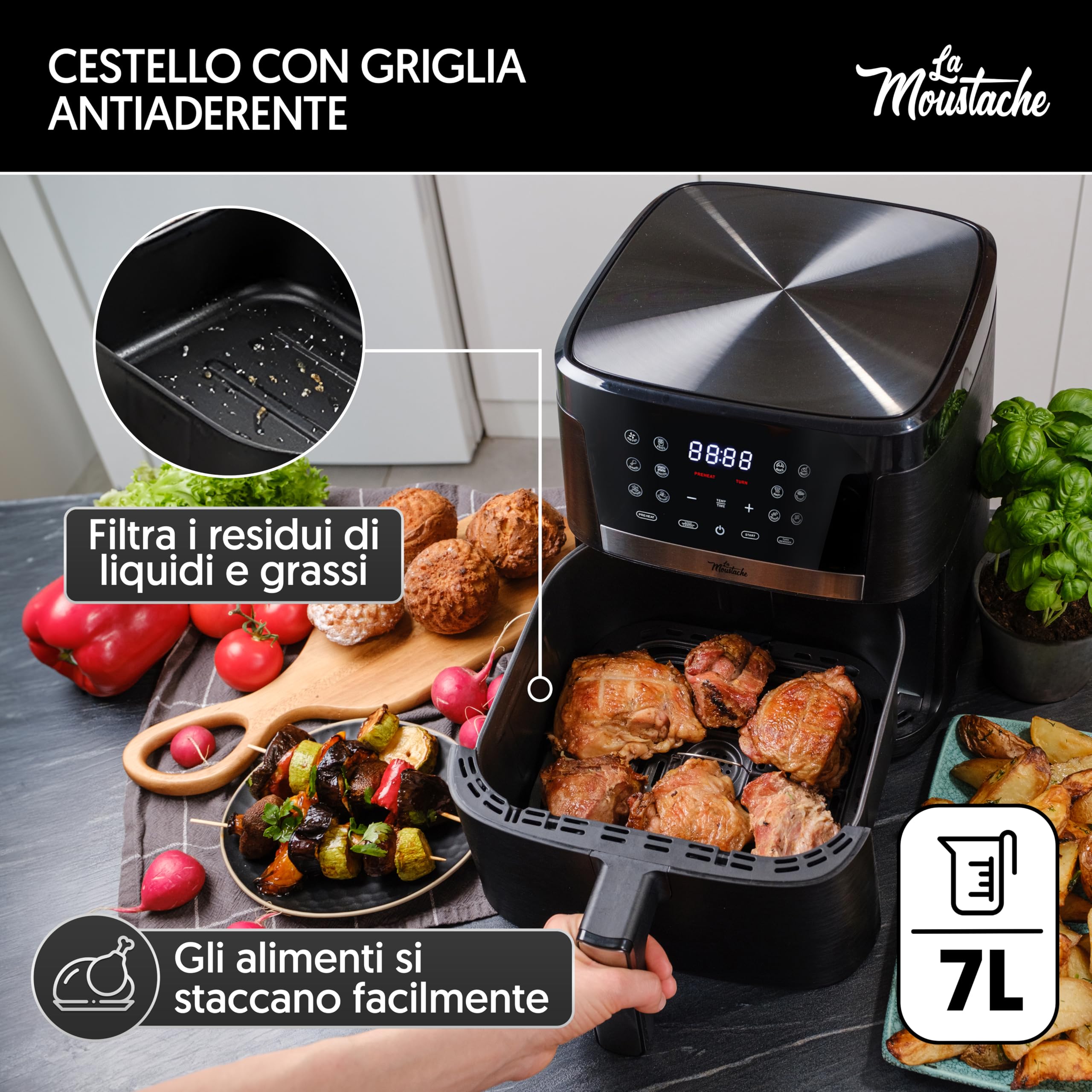 La Moustache - Friggitrice Senza Olio 7L ad Aria Calda 1800W con E-Book di Ricette, Air Fryer con 12 Programmi, Controllo Digitale 80-200 °C, Timer, Griglie Antiaderenti (Pro Smart)