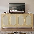 DWVO 4 Door Dressers Storage Cabinet Natural Rattan Oak Wooden Chest with Golden Handles - Modern Large Closet Boho for Living Room/Hallway/Entryway