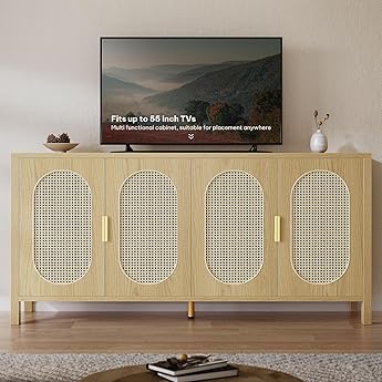 DWVO 4 Door Dressers Storage Cabinet Natural Rattan Oak Wooden Chest with Golden Handles - Modern Large Closet Boho for Living Room/Hallway/Entryway