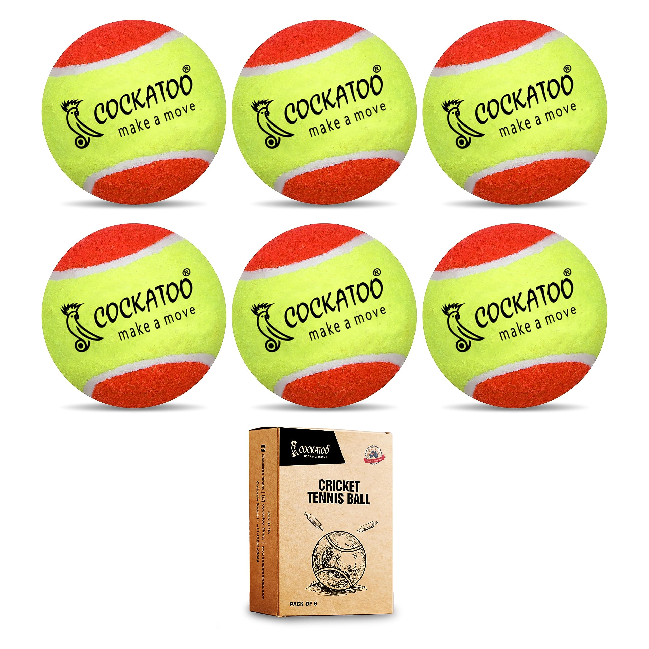 Cockatoo Rubber Cricket Tennis Ball, Construction of Tennis Ball for Cricket for Optimal Performance,Suitable for All Skill Levels. (120 Gr Per Ball-Pack of 6-Yellow Orange)