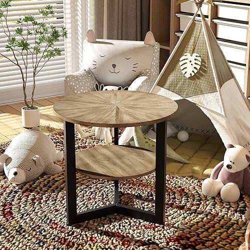 Miniatura 36 de LEEMTORIG Mesa auxiliar redonda, mesa auxiliar grande de 2 niveles con patas de metal, moderna mesita de noche para sala de estar, dormitorio, Negro