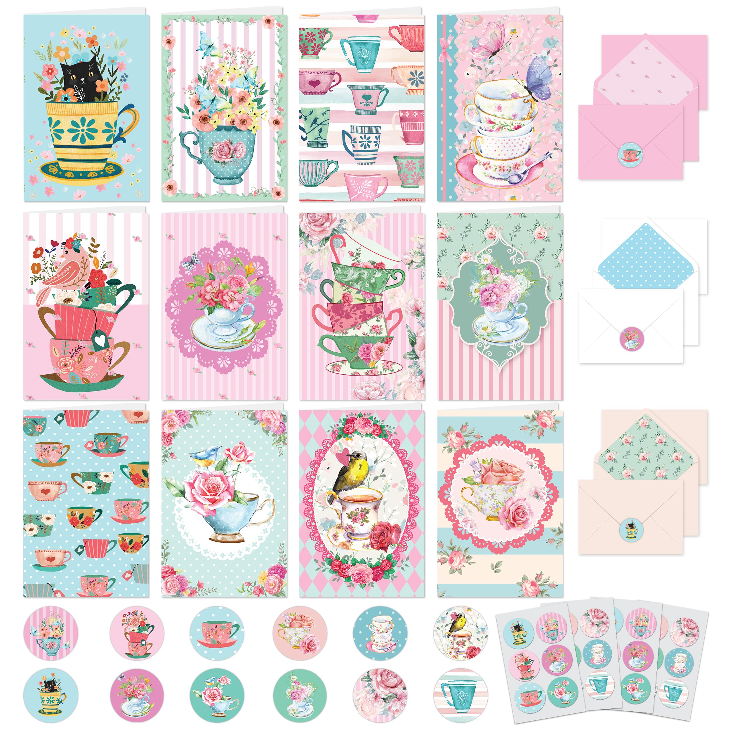 Decorably 24 Pack 4x6in Tea Cup Note Cards with Envelopes and Stickers, 12 Adorable Designs Tea Cards, Blank Inside - All Occasions, Kid's Party,