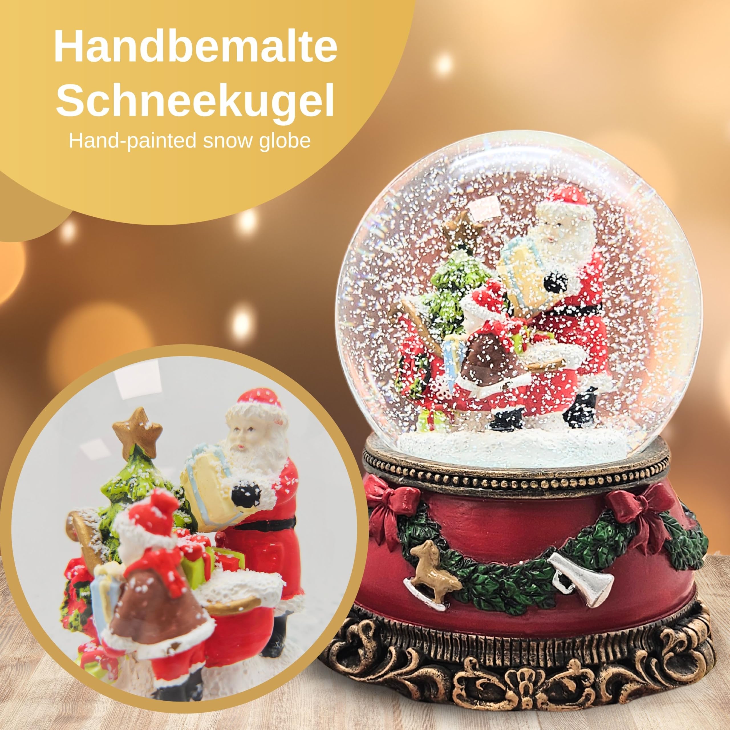 Schneekugel Weihnachten Spieluhr | Christmas Shopping | Weihnachtsmann mit Schlitten und Engel | Sockel Weihnachten rot Tannengirlande | mit Musik | Weihnachtsdekoration | B: 10 cm H: 14 cm | 20278