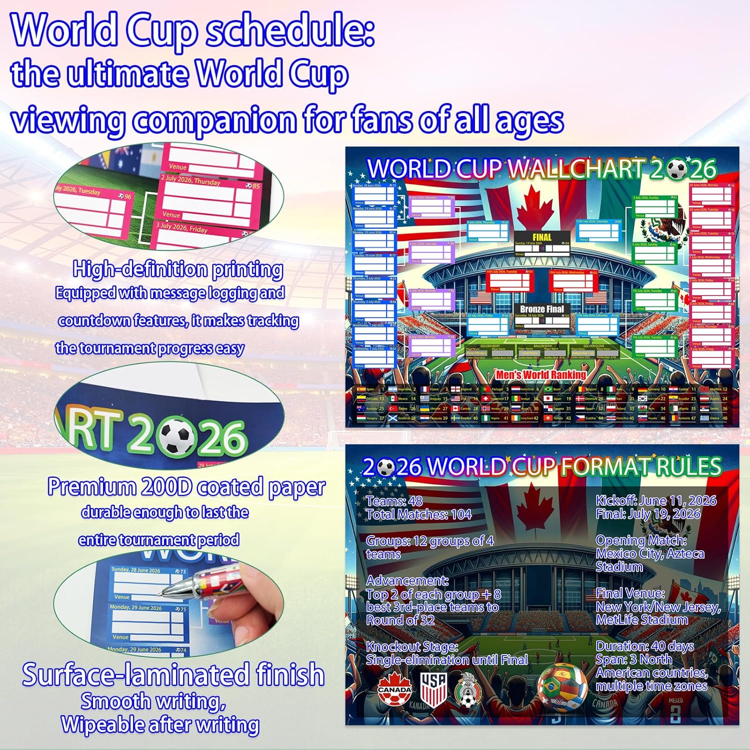 World Cup Schedule Poster 2026 & Final Round 48-Team Collection Showcase,2Pcs Folded Poster&Handwritten Ballpoint Pen,Football Wall chart Tournament Schedule and Team Info Chart Gifts for Soccer Fans - Image 3