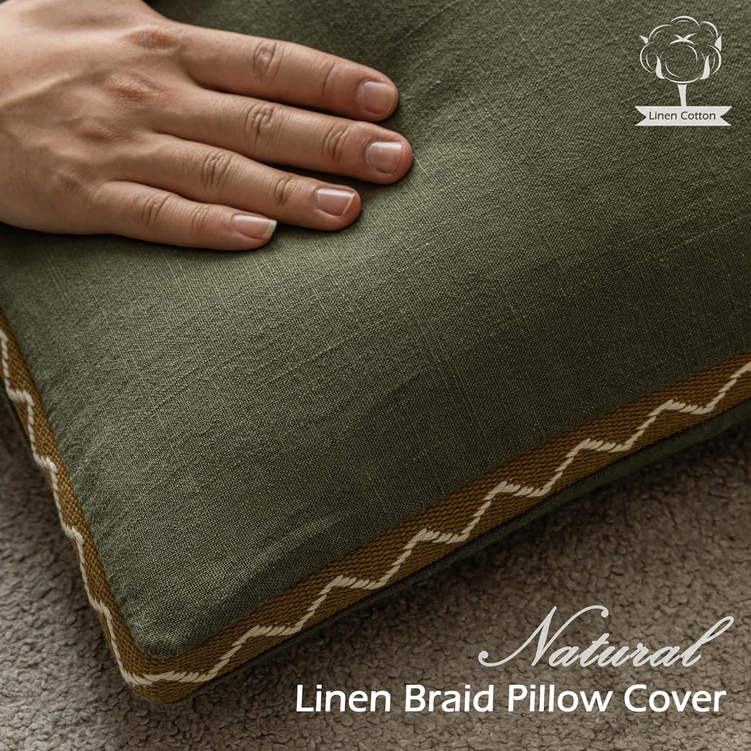 Olive Green Linen Cotton Throw Pillow Covers 12x20 Inch Set of 2, Modern Boho Aesthetic Accent Pillow Cases with Woven Flange for Couch Sofa Bed Room Earthy Tone Home Decor
