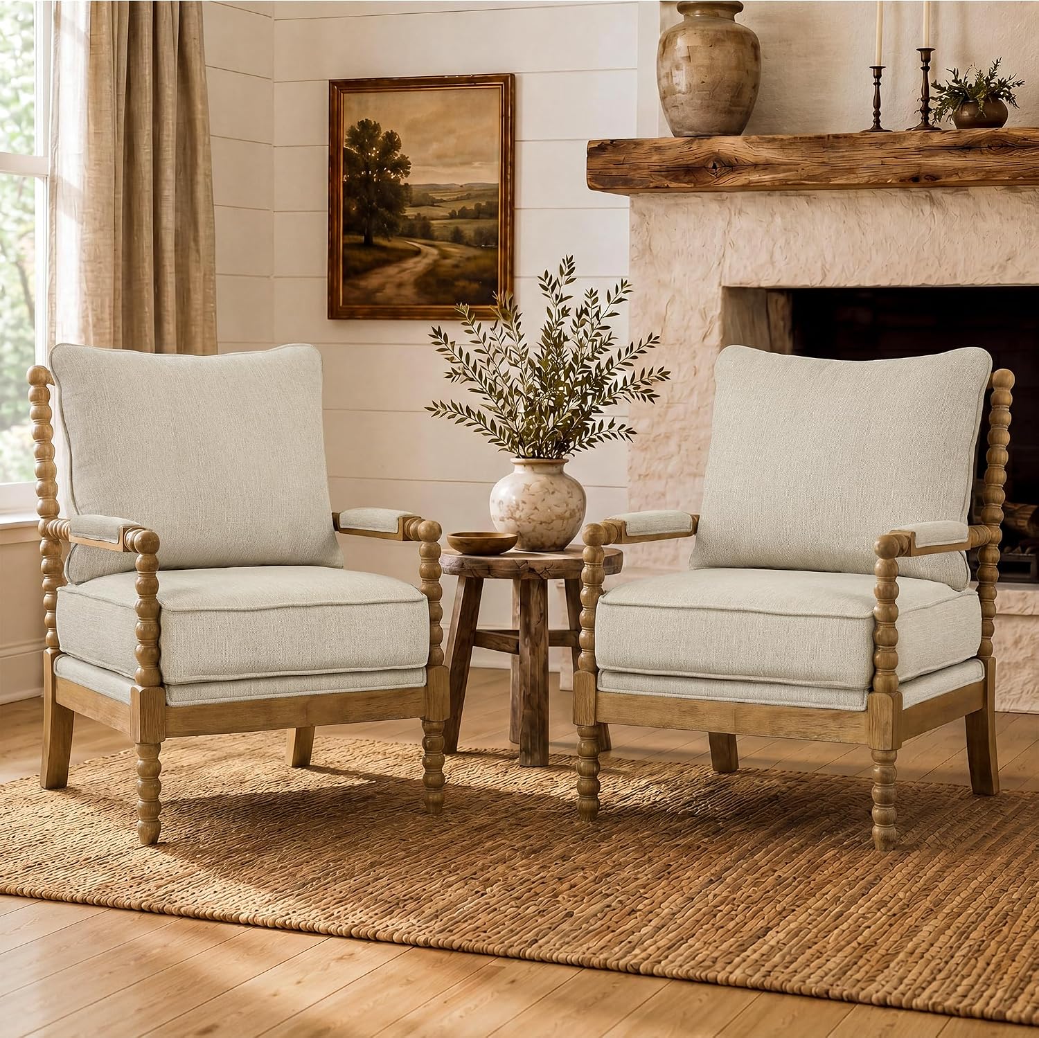 Morden Fort Linen Fabric Spindle Accent Chairs Set of 2, French Style Chairs with High Resilience Spring Cushion and Armrest Pads, Leisure Armchair for Living Room Bedroom Farmhouse Office Balcony