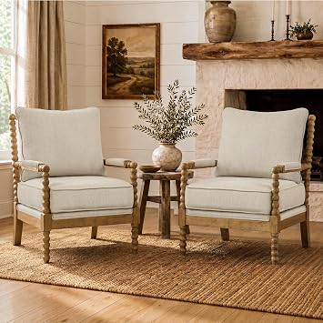 Morden Fort Linen Fabric Spindle Accent Chairs Set of 2, French Style Chairs with High Resilience Spring Cushion and Armrest Pads, Leisure Armchair for Living Room Bedroom Farmhouse Office Balcony