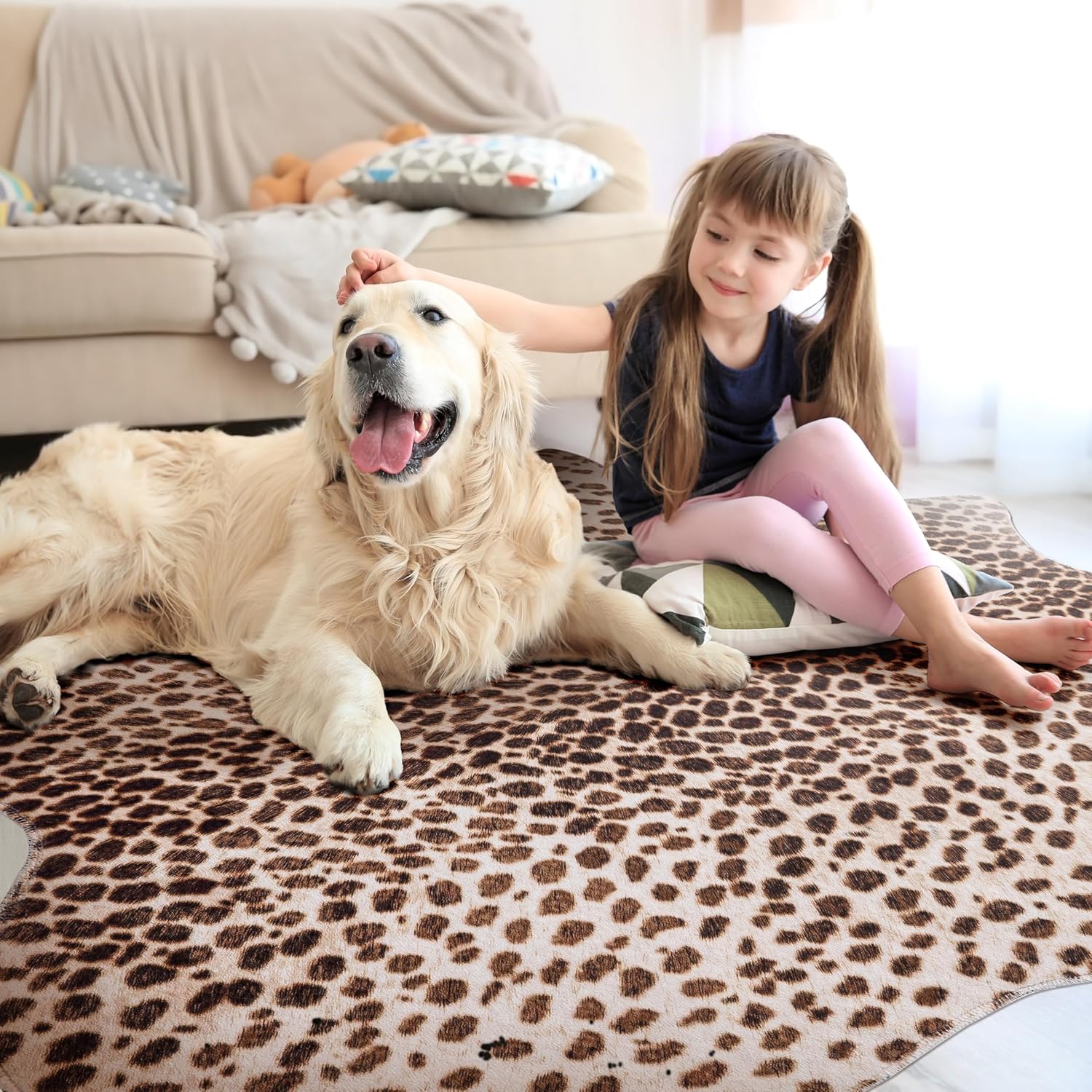 Leopard Print Rug, Cowhide 4.6x5.2 Feet Cheetah Print Faux Animal Skin Rug Cow Hide for Bedroom Animal Hide Cow Shaped Antelope Multicolor