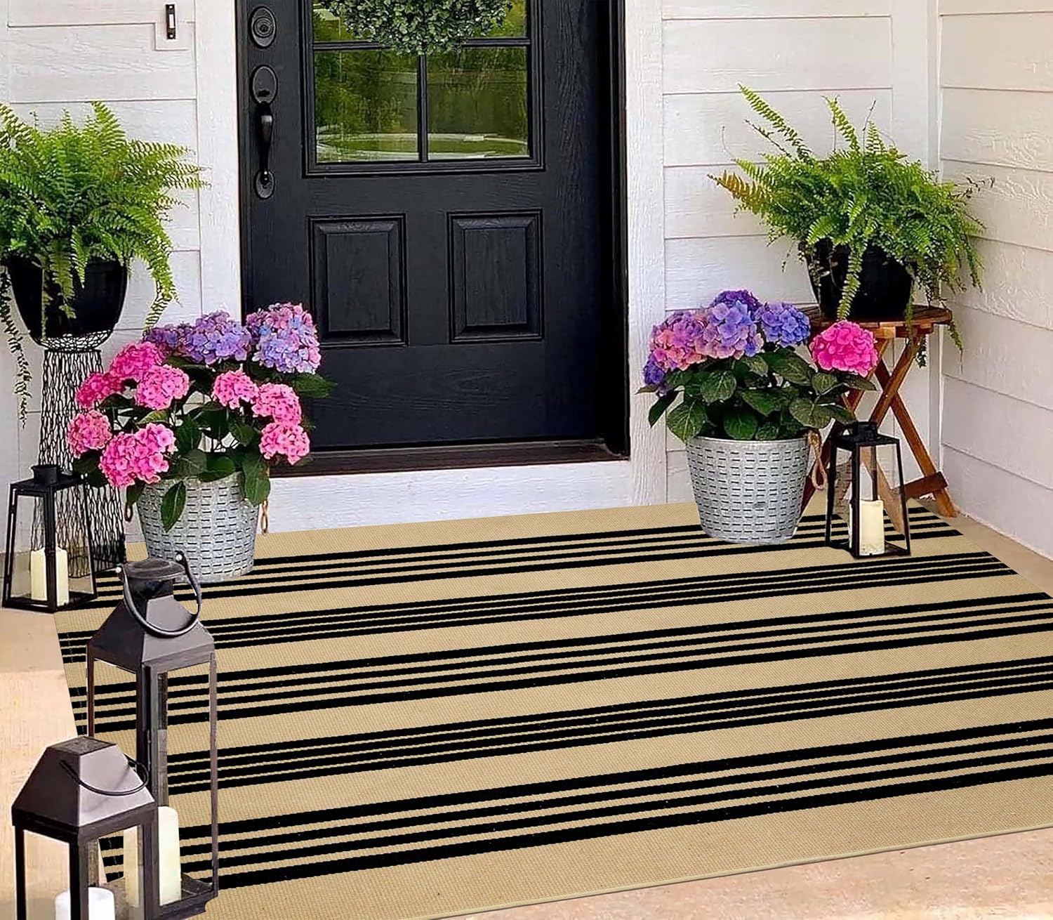 BUAGETUP Outdoor Rug 3'x 5',Khaki and Black Striped Area Rug Cotton Woven Washable Rug Indoor/Outdoor Area Rug Floor Mat for Farmhouse Living Room Bedroom