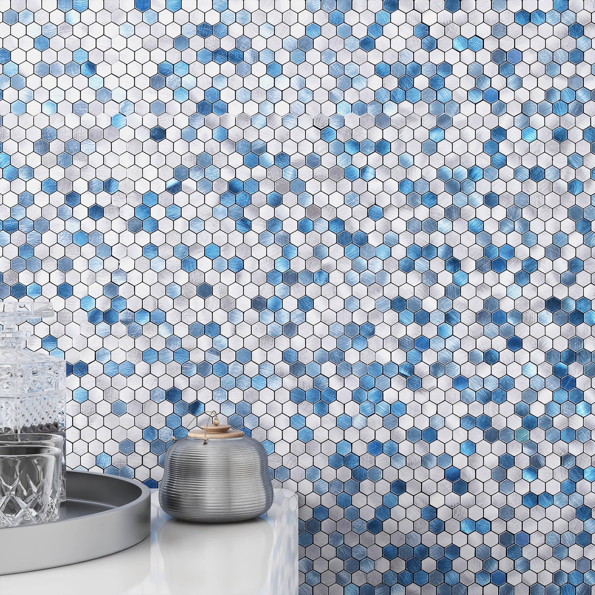BeNice Peel and Stick Backsplash Kitchen Tiles,Stick on Backsplash Peel and Stick Mosaic Tiles Penny Hexagon Backsplash Small Tiles Metal Backsplash(10PCS,Blue)