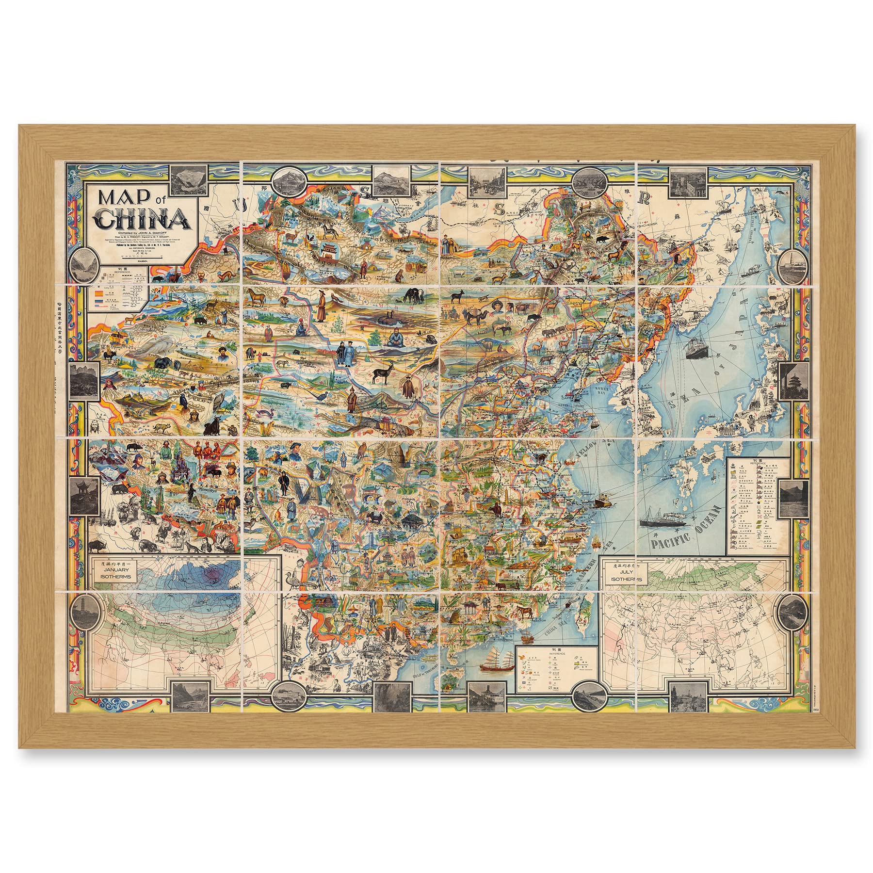 Artery8 Map Diakoff 1931 China Pictorial Unfolded Artwork Framed Wall Art Print A4