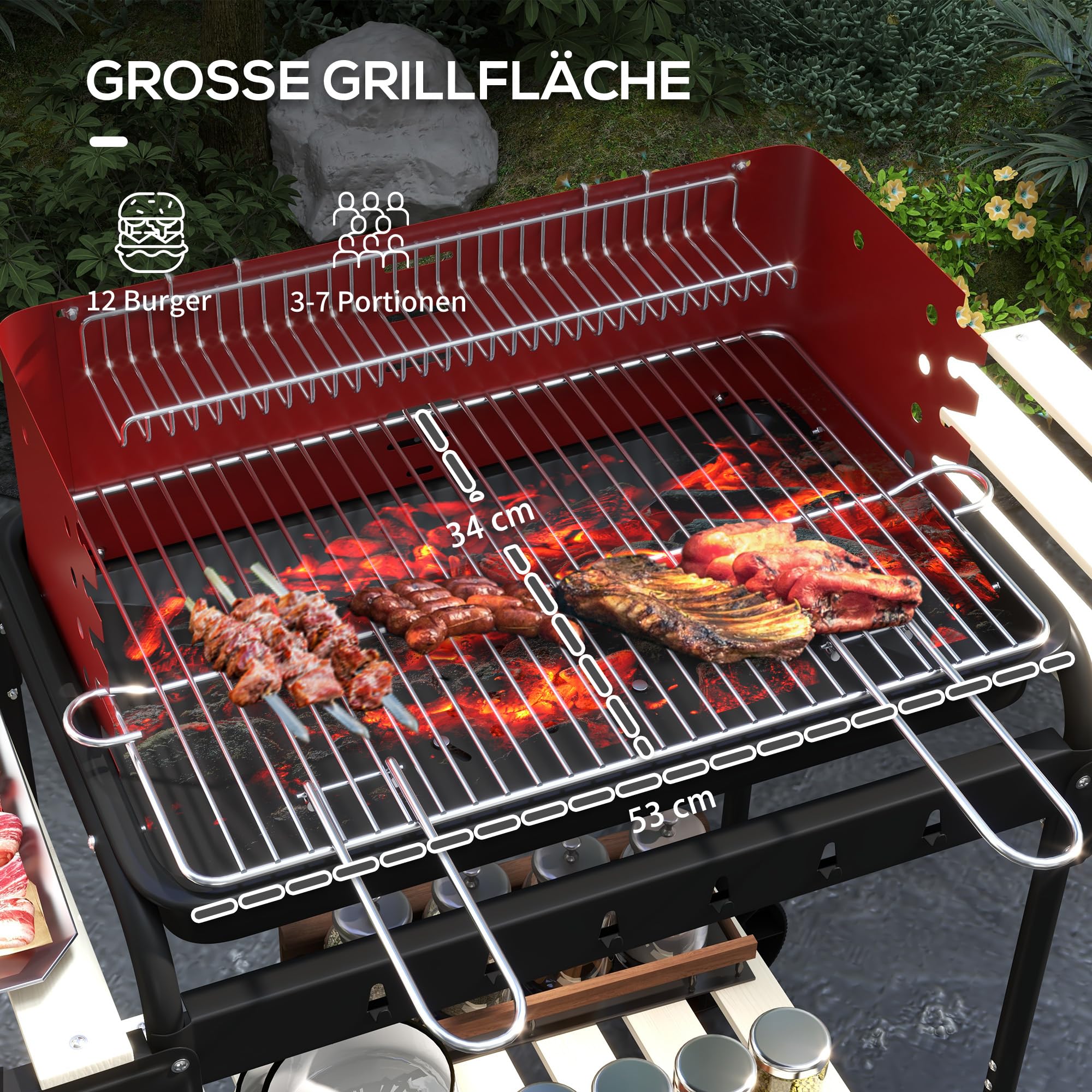 Outsunny Grill na węgiel drzewny z metalu BBQ Smoker z kółkami 103 x 47 x 95 cm | Ruszt do grillowania z regulacją wysokości, półka drewniana, wózek na węgiel drzewny, grill węglowy na kemping, taras