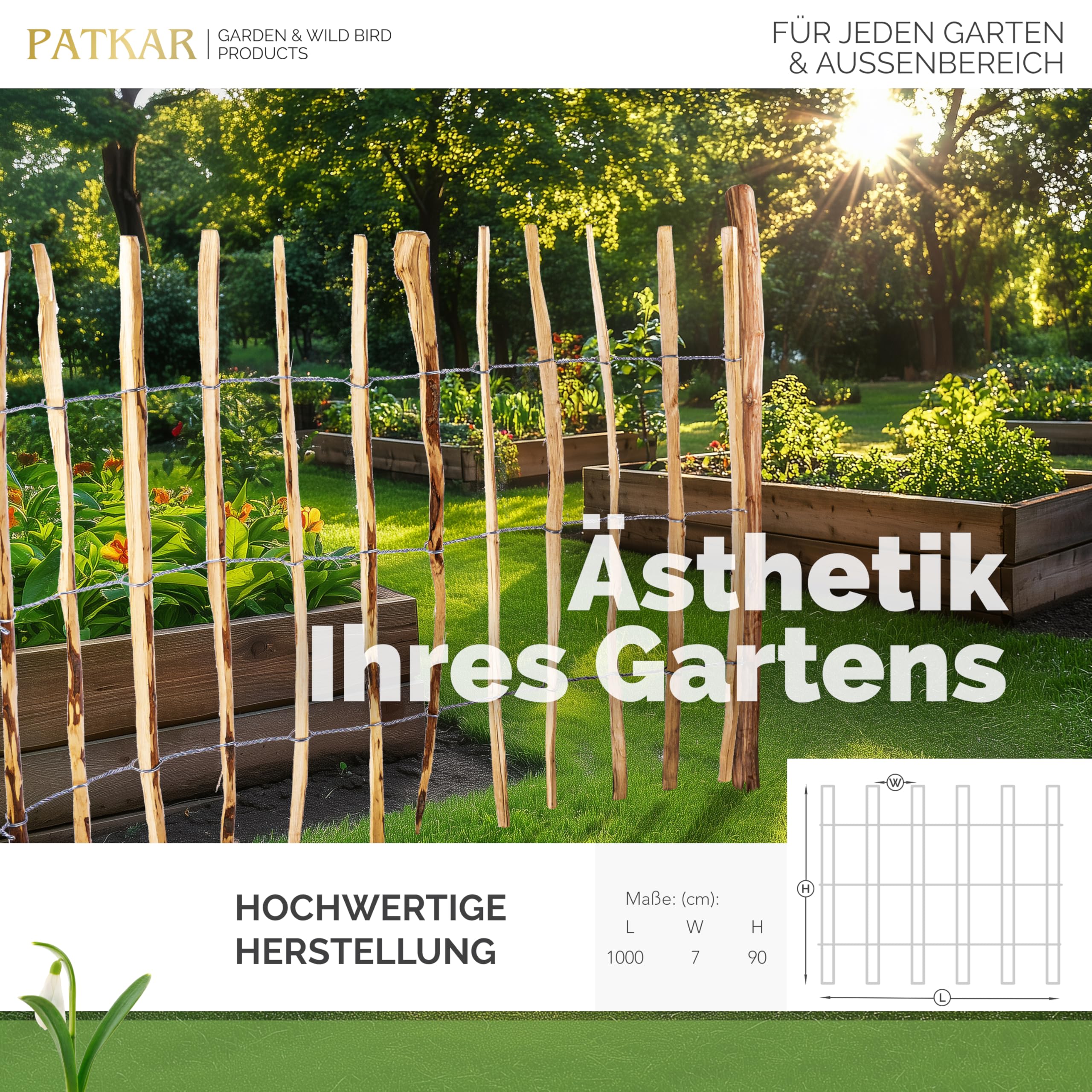 PATKAR® Staketenzaun 10mx90cm [WETTERBESTÄNDIG & STABIL] - Holzzaun Gartenzaun Holz Abgrenzung - Staketenzaun 90 cm hoch (Made in Europe) - Gartenzaun zum Stecken - einfach montierter Zaun Holz