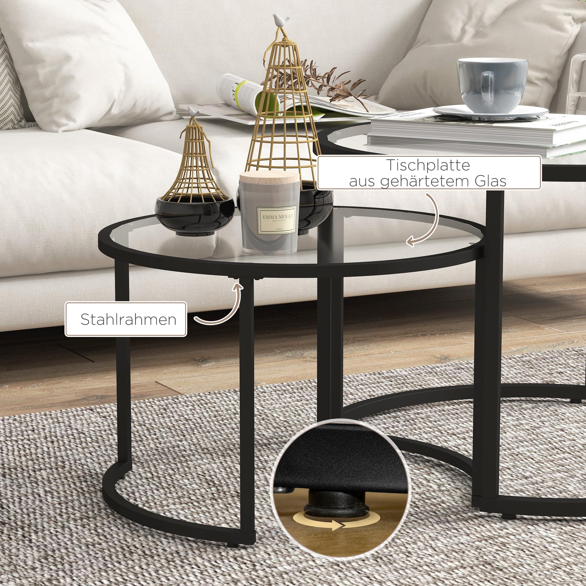 HOMCOM Couchtisch rund 2er Set Beistelltisch mit Tischplatte aus Hartglas