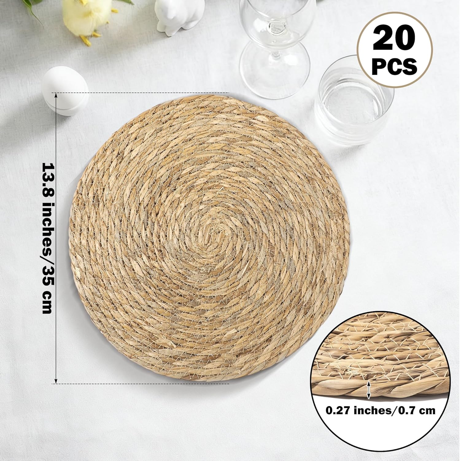 elcoho 20 pieces round woven placemats 13.8 inch boho rattan placemats farmhouse braided place mats woven plate chargers rustic wicker table mats for dining table 20 13.8 inch