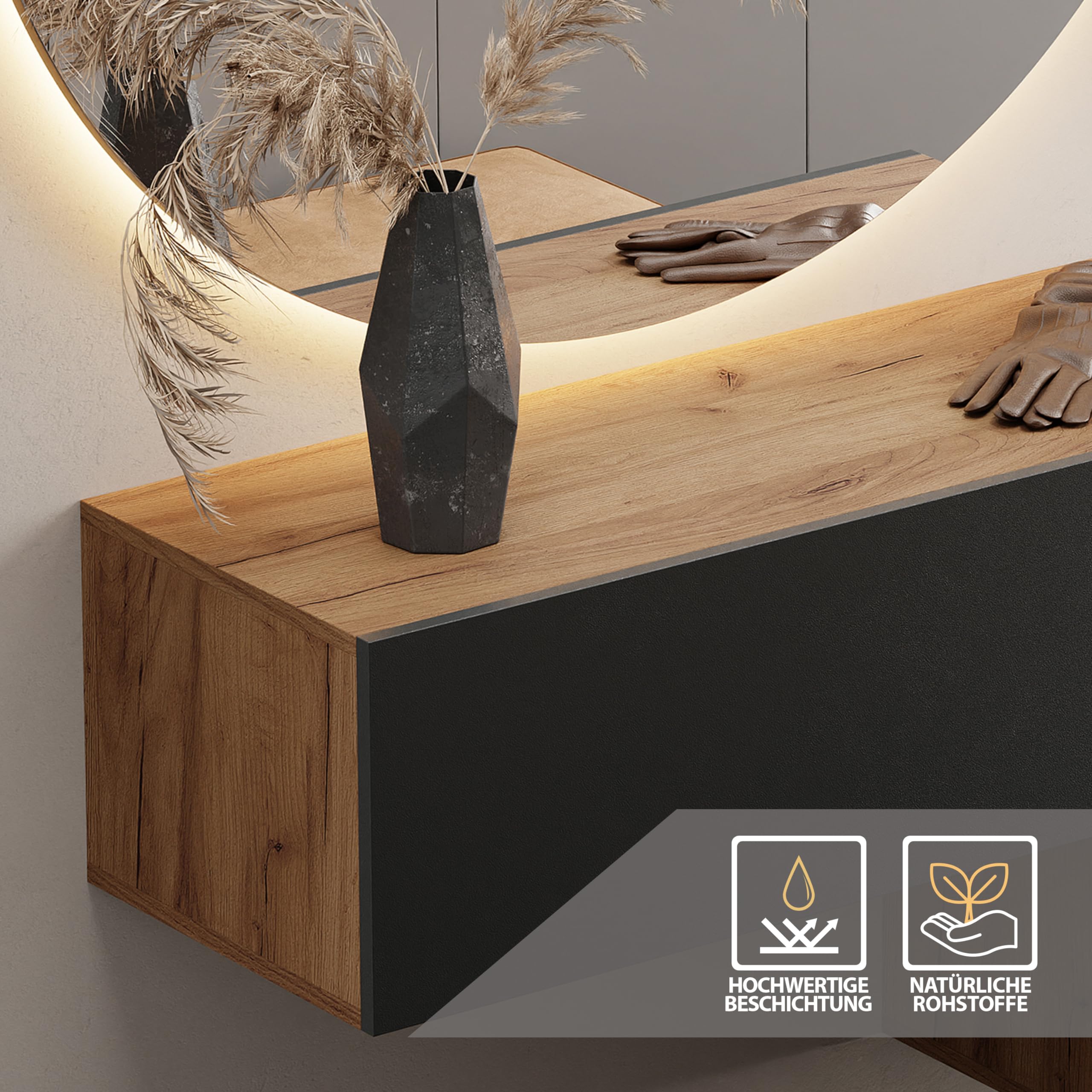Planetmöbel Flurgarderobe 100 cm mit Spiegel Beleuchtung Gold Eiche Anthrazit 37,8x100x32,5 cm