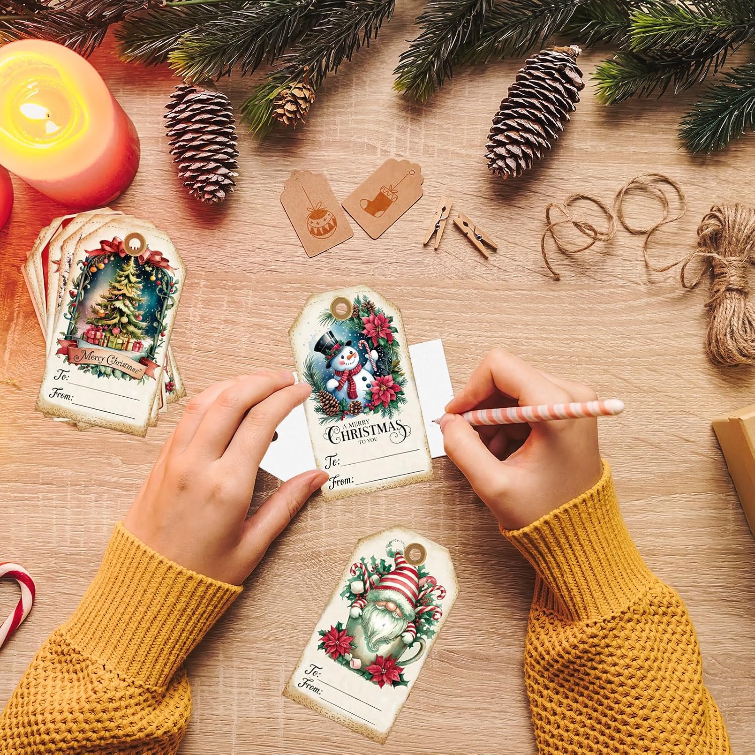 Whaline 120Pcs Vintage Christmas Paper Tags Santa Snowman Gnome Hanging Labels Retro Name Tags with Hemp Rope for Winter Xmas Party DIY Crafts Supplies, 8 Designs - Image 6