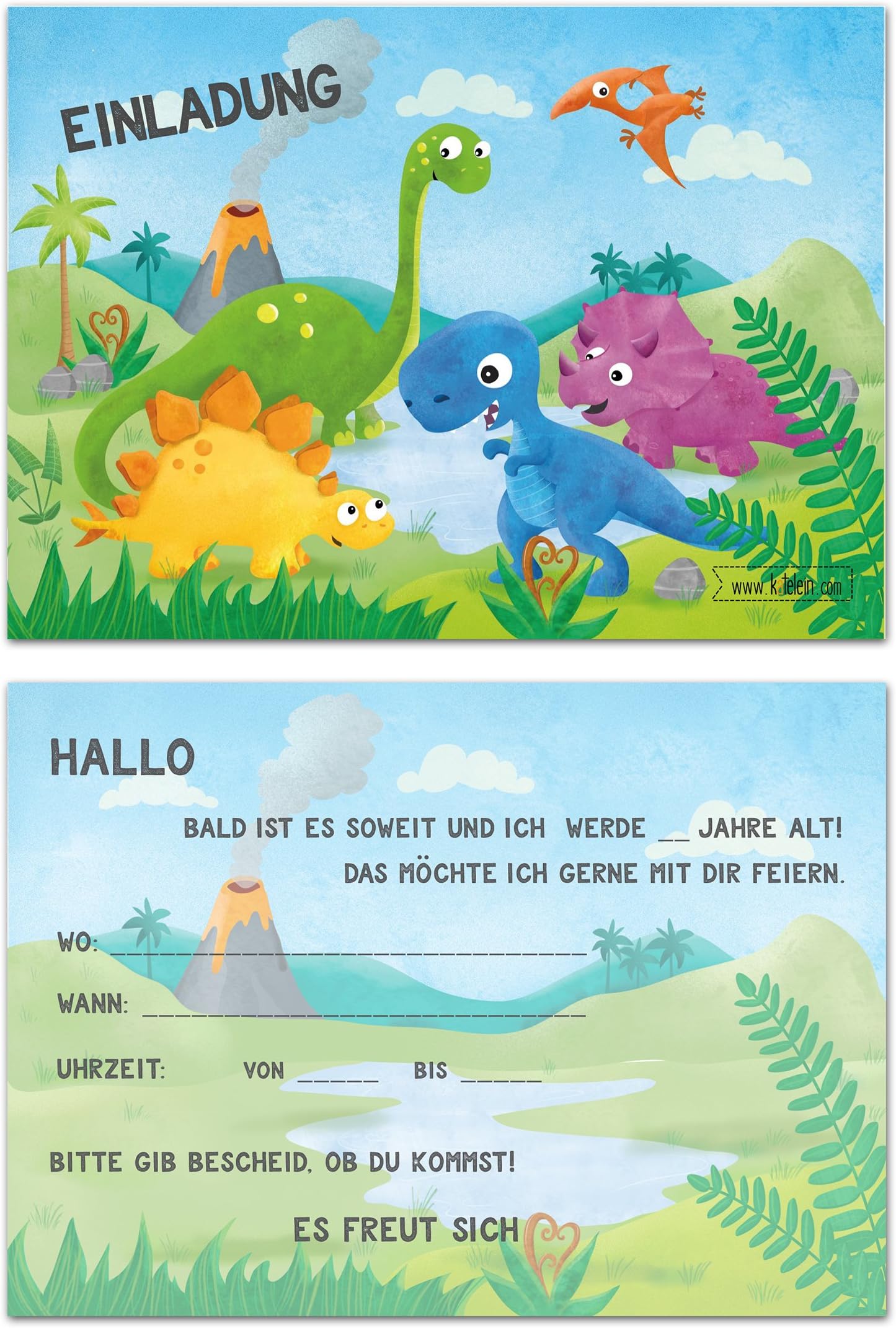 Children's Birthday Dinosaur Boys Birthday Party Invitations Dinosaur Invitations Birthday Party Invitations Children with T-Rex, Triceratops, prehistoric Flugsaurier – Pack of 10 – Illustration – (148 mm x 105 mm)