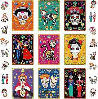 Capoda 41 Pcs Day of Dead Decoration Sugar Skull Wall Art Halloween Party Skull Poster Mexican Dia De Muertos Wall Decor Skeleton Fiesta Party Sugar Skull Bedroom Room Home Wall Decor (13 x 9.3 Inch)