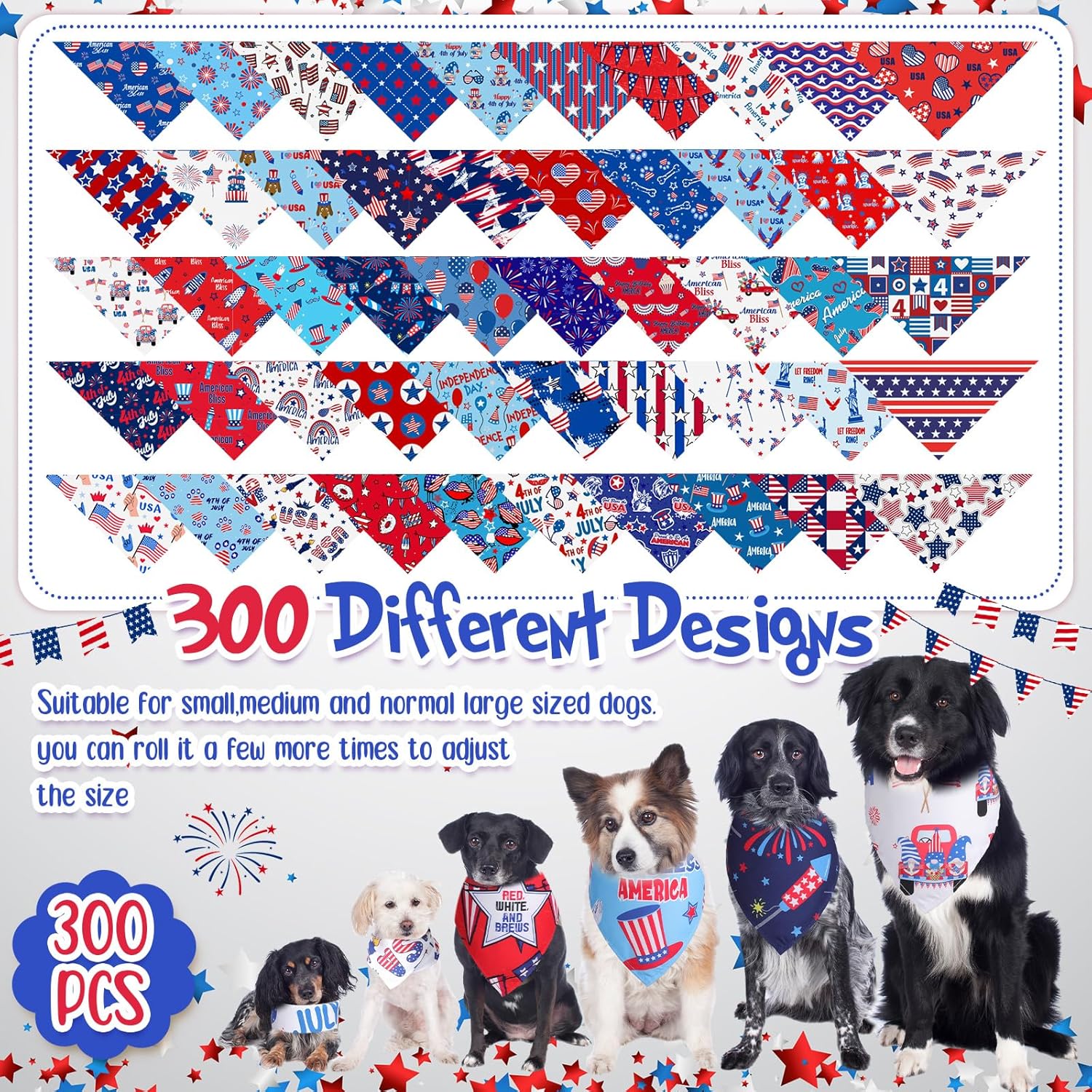 Kacctyen 300 Pcs 4th of July Dog Bandanas Bulk Patriotic Dog Adjustable Cute Washable Triangle Kerchief Scarf Bibs for Small to Medium Pet Seasonal Party Costume Accessories