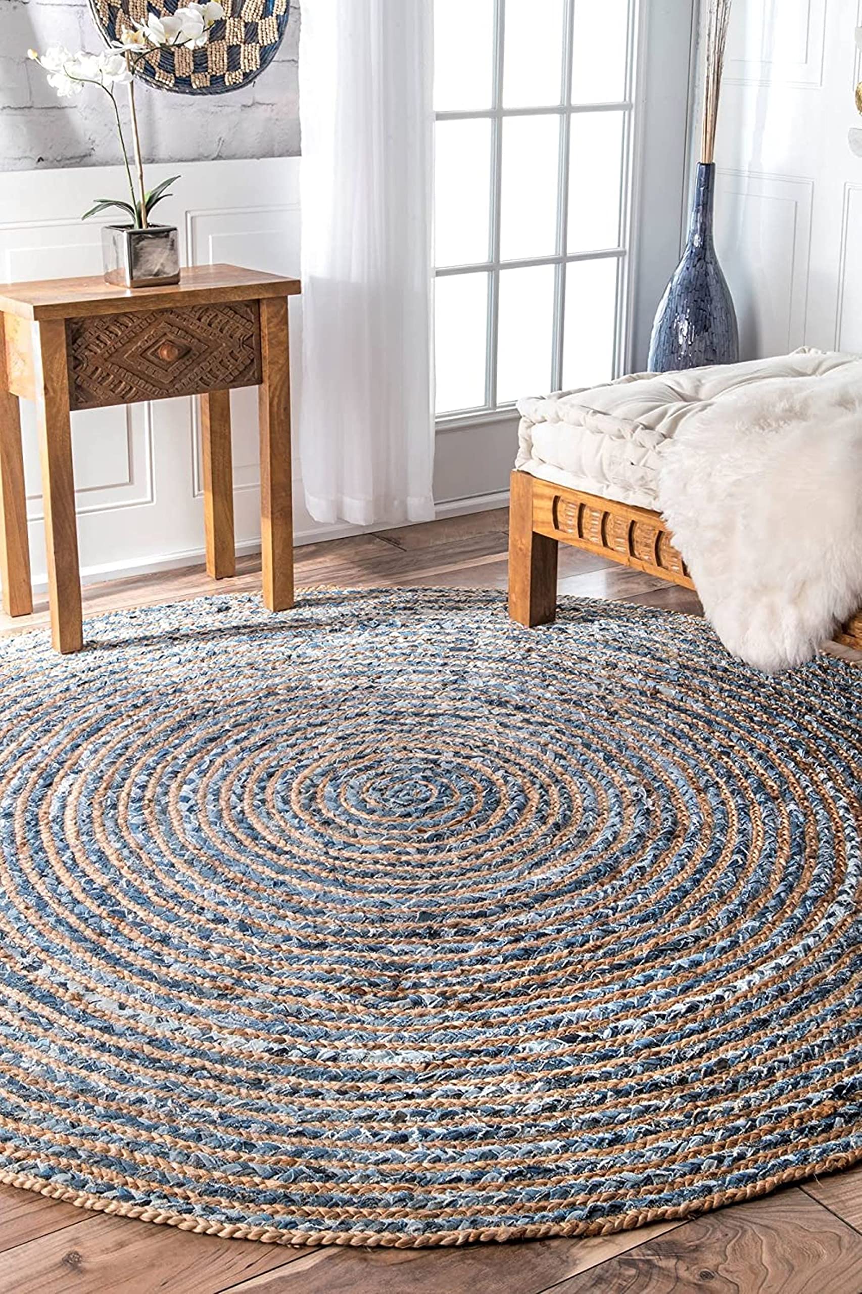 Home Décor Environment Friendly Rectangle Handwoven Special Round Jute Design Rug, Natural Fibers, Braided Reversible Carpet for Living & Bedroom (Denim, 150 cm - 5 feet Round)