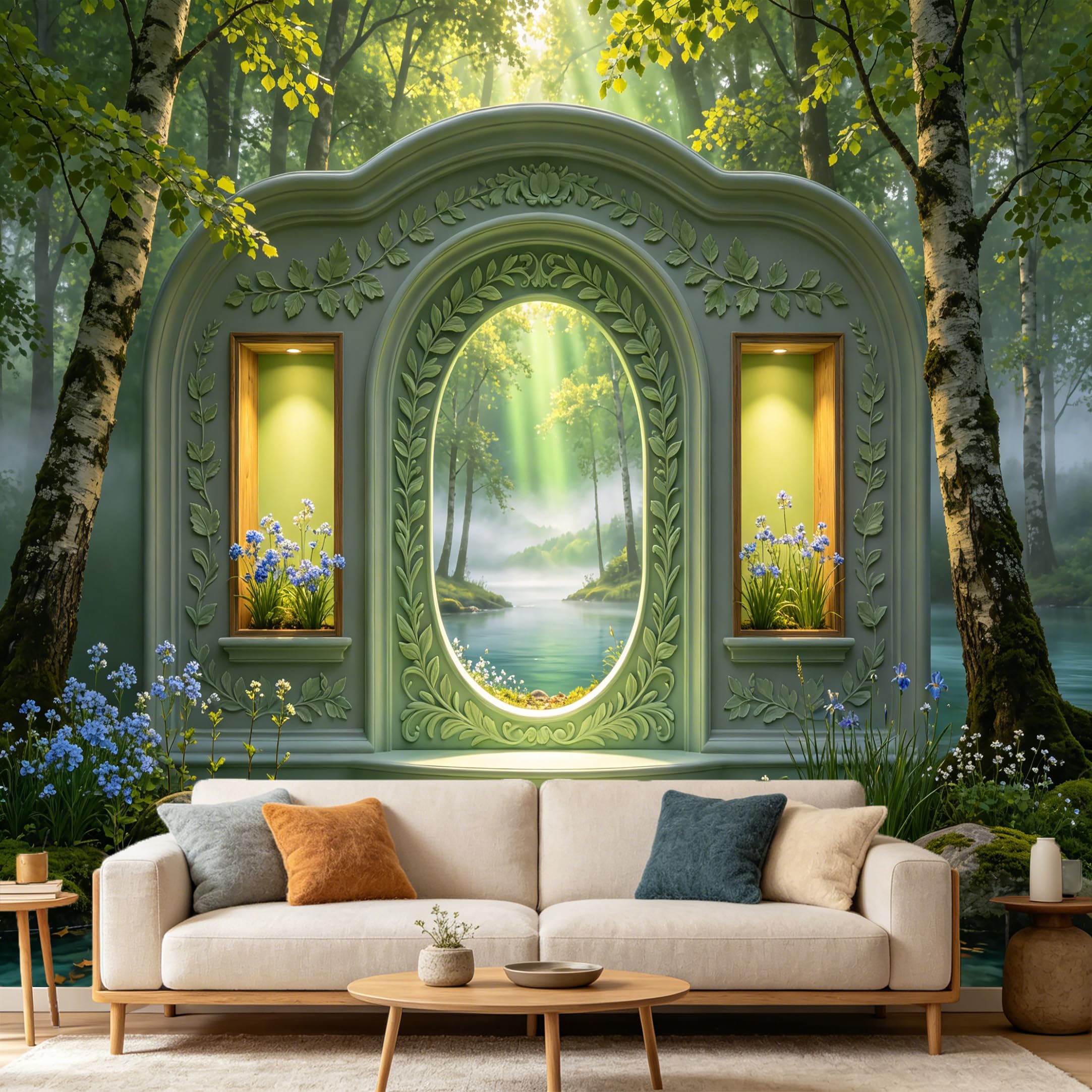 Custom Size Wall Mural Forest Lake Archway Landscape 3D Trompe L'Oeil View， SelfAdhesive Art Prints wall Fabric Removable Large Wallpaper Home Living Room Decor