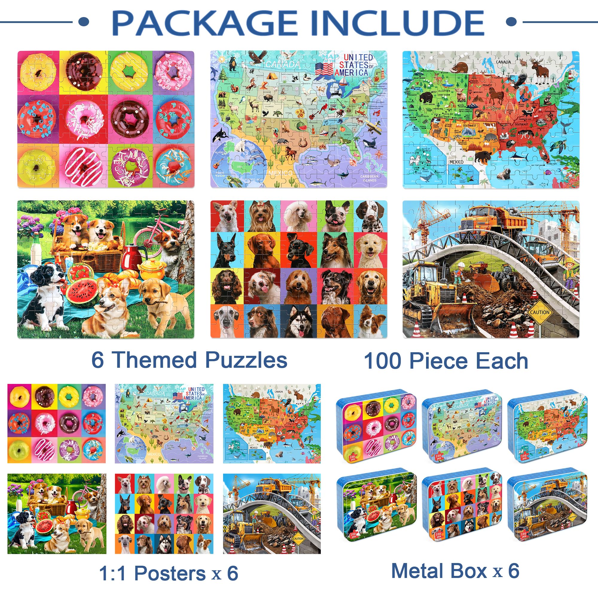 LELEMON Puzzle für Kinder von 4 bis 6 Jahren, 100 Teile für Kinder von 4 bis 8 Jahren in einer Metallbox, Lernpuzzle für Mädchen und Jungen