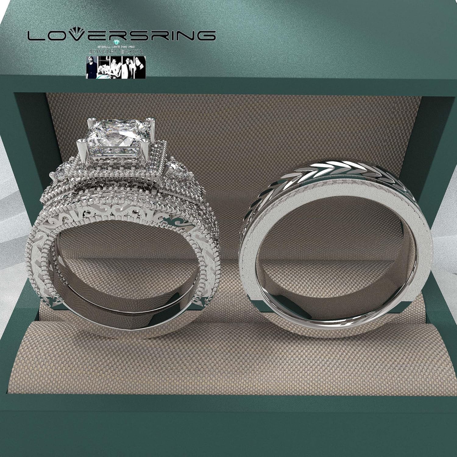 LOVERSRING 2pc His and Hers Couple Ring Bridal Sets Women Man Titanium Band Wedding Ring for Him and Her